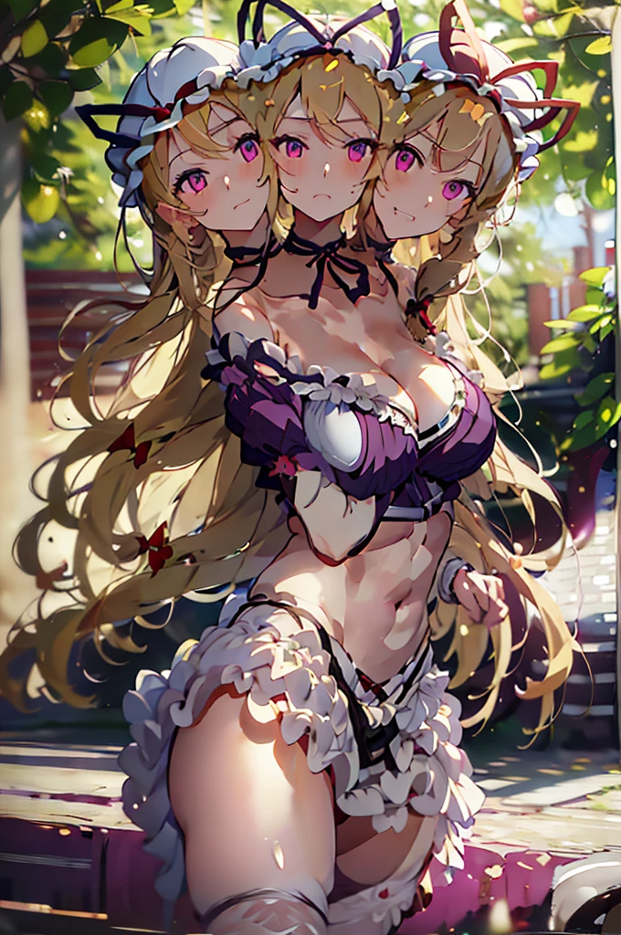 (masterpiece, best quality), best quality, (ultra-detailed), (3heads:1.5), 1girl, (3heads:1.5), 1girl, (yakumo yukari:1.3), masterpiece, best quality, ultra quality, ultra resolution, ultra detail, purple top, crop top, ((stomach)), midriff, ((groin)), purple skirt, frilled skirt, normal ears, shackles, blonde hair, very long hair, wavy hair, sidelocks, purple eyes, parted lips, single horn, sweat, cute, toned belly, hand on own chest, eyelashes, (24 year old woman:1.3), (masterpiece:1.5), (best quality:1.5), (beautiful detailed), extremely detailed CG, extremely delicate and beautiful, depth of field, (finely detailed face), (perfect details:1.2), (mature female:1.3), wide pelvis, slender, large veiny breast, 16k resolution, highres, high quality, high definition, extremely detailed, masterpiece, best quality, blonde hair, long hair, alluring presence, braid, short skirt, close up, big tits, young, frills, hat, hat ribbon, midriff, nsfw,