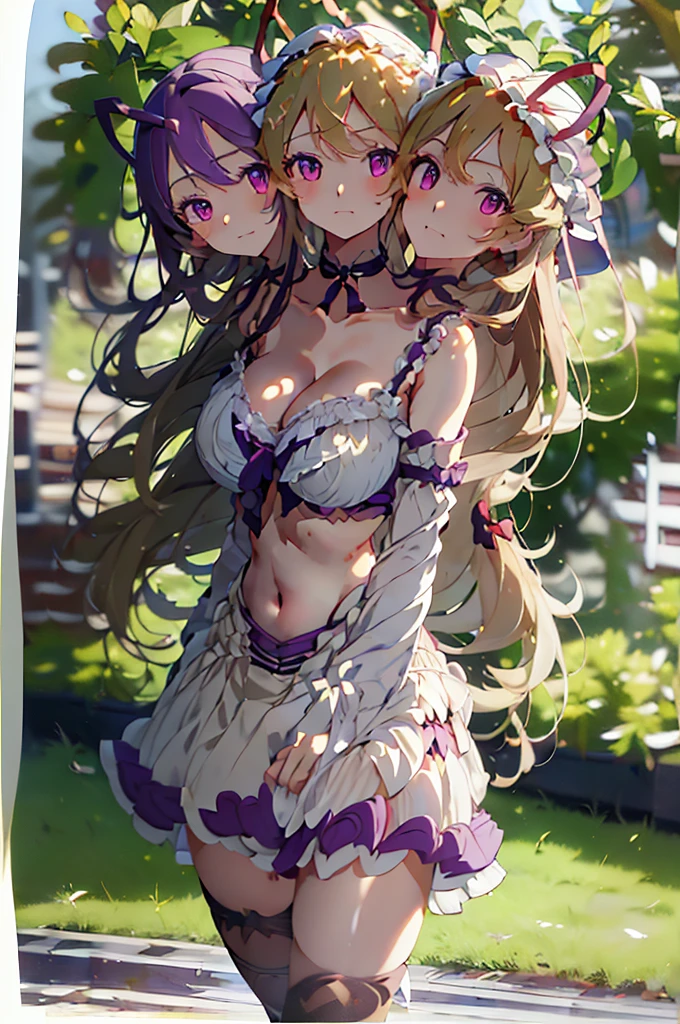 (masterpiece, best quality), best quality, (ultra-detailed), (3heads:1.5), 1girl, (3heads:1.5), 1girl, (yakumo yukari:1.3), masterpiece, best quality, ultra quality, ultra resolution, ultra detail, purple top, crop top, ((stomach)), midriff, ((groin)), purple skirt, frilled skirt, normal ears, shackles, blonde hair, very long hair, wavy hair, sidelocks, purple eyes, parted lips, single horn, sweat, cute, toned belly, hand on own chest, eyelashes, (24 year old woman:1.3), (masterpiece:1.5), (best quality:1.5), (beautiful detailed), extremely detailed CG, extremely delicate and beautiful, depth of field, (finely detailed face), (perfect details:1.2), (mature female:1.3), wide pelvis, slender, large veiny breast, 16k resolution, highres, high quality, high definition, extremely detailed, masterpiece, best quality, blonde hair, long hair, alluring presence, braid, short skirt, close up, big tits, young, frills, hat, hat ribbon, midriff, nsfw,