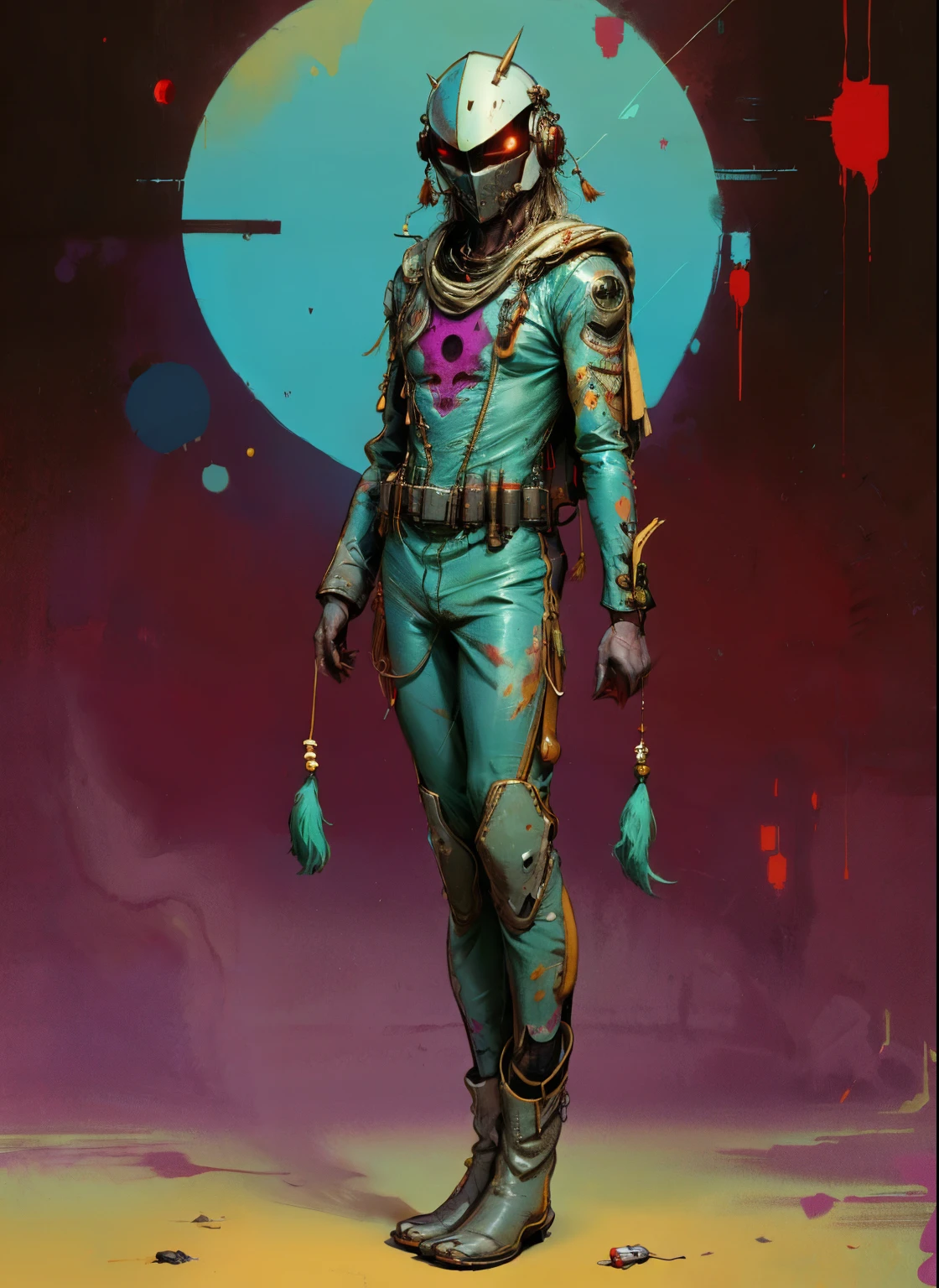 perfect proportions, anatomically correct, (head to toe: 2.0), (full body image: 2.0), solo, (Casshern: 1.6), extremely stylized, deviant art, masterpiece, highly detailed, detailed eyes, expressive detailed eyes, detailed pupils, futuristic, ((1950s scifi helmet)), ((pointy helmet)), Rubber Gloss, (flightsuit:1.4), big boots, entire body image, full body shot, nvinkpunk, professional photograph of alexander_skarsgard, tassles, large beads, (large tassels), cyberpunk, inkpunk, paint platter, ink splatter, (action pose:1.0),