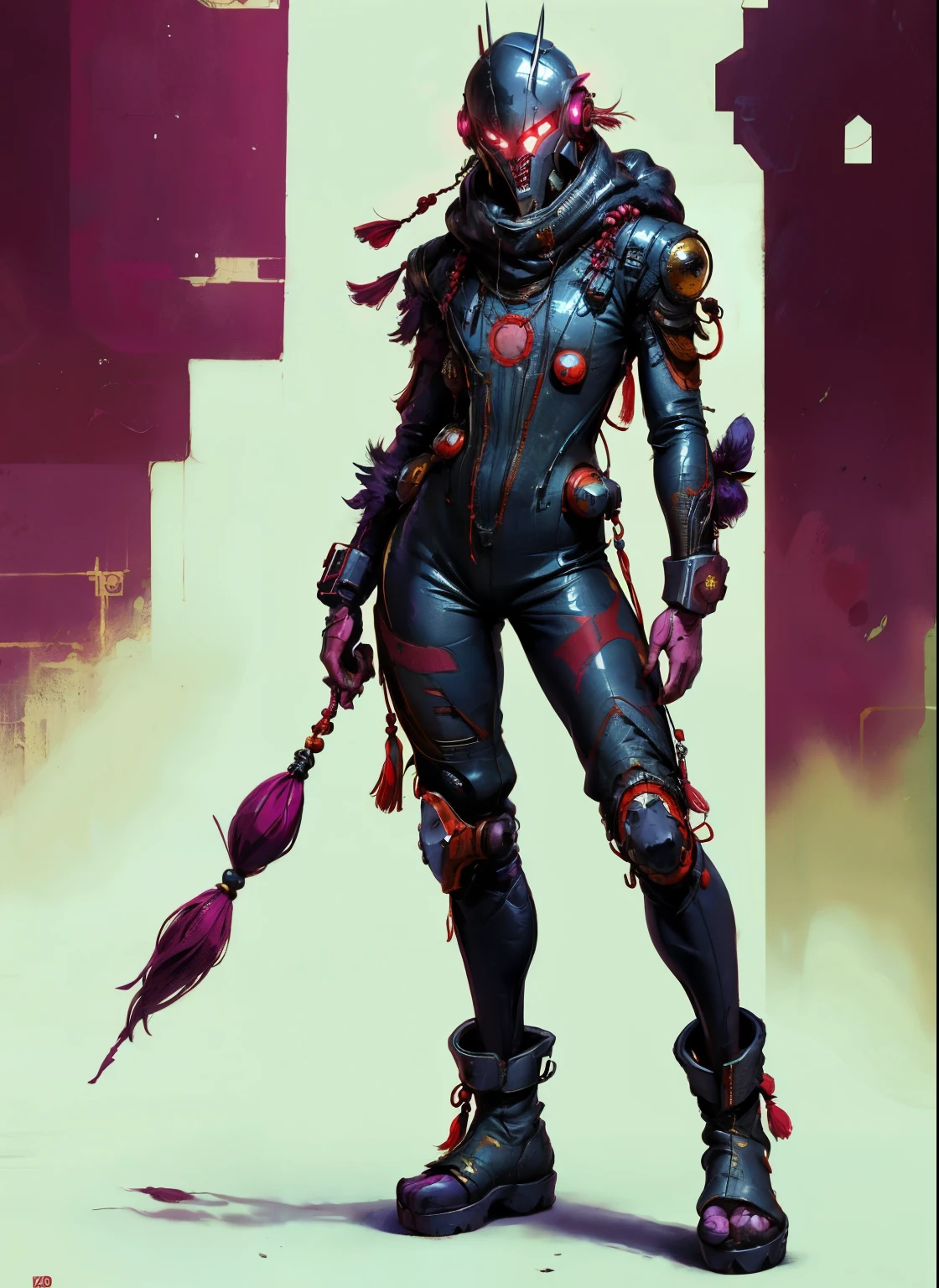 perfect proportions, anatomically correct, (head to toe: 2.0), (full body image: 2.0), solo, (Casshern: 1.6), extremely stylized, deviant art, masterpiece, highly detailed, detailed eyes, expressive detailed eyes, detailed pupils, futuristic, ((1950s scifi helmet)), ((pointy helmet)), Rubber Gloss, (flightsuit:1.4), big boots, entire body image, full body shot, nvinkpunk, professional photograph of alexander_skarsgard, tassles, large beads, (large tassels), cyberpunk, inkpunk, paint platter, ink splatter, (action pose:1.0),