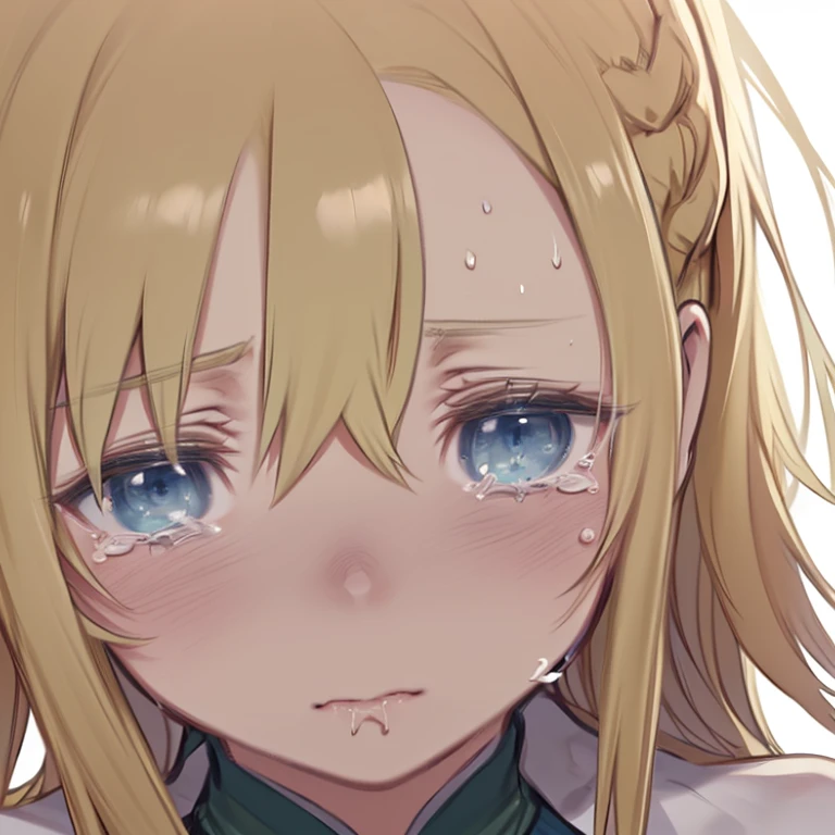 masterpiece,highest quality,High resolution,Very detailed、Close-up of face、Mature Woman、(mint, blue eyes, braid, green uniform, long sleeves、Long blonde、Hair between the eyes)、clavicle、Troubled face、Are crying、(((tears、Saliva、snot、Sweat)))、(((Mouth wide open、Aah!)))
