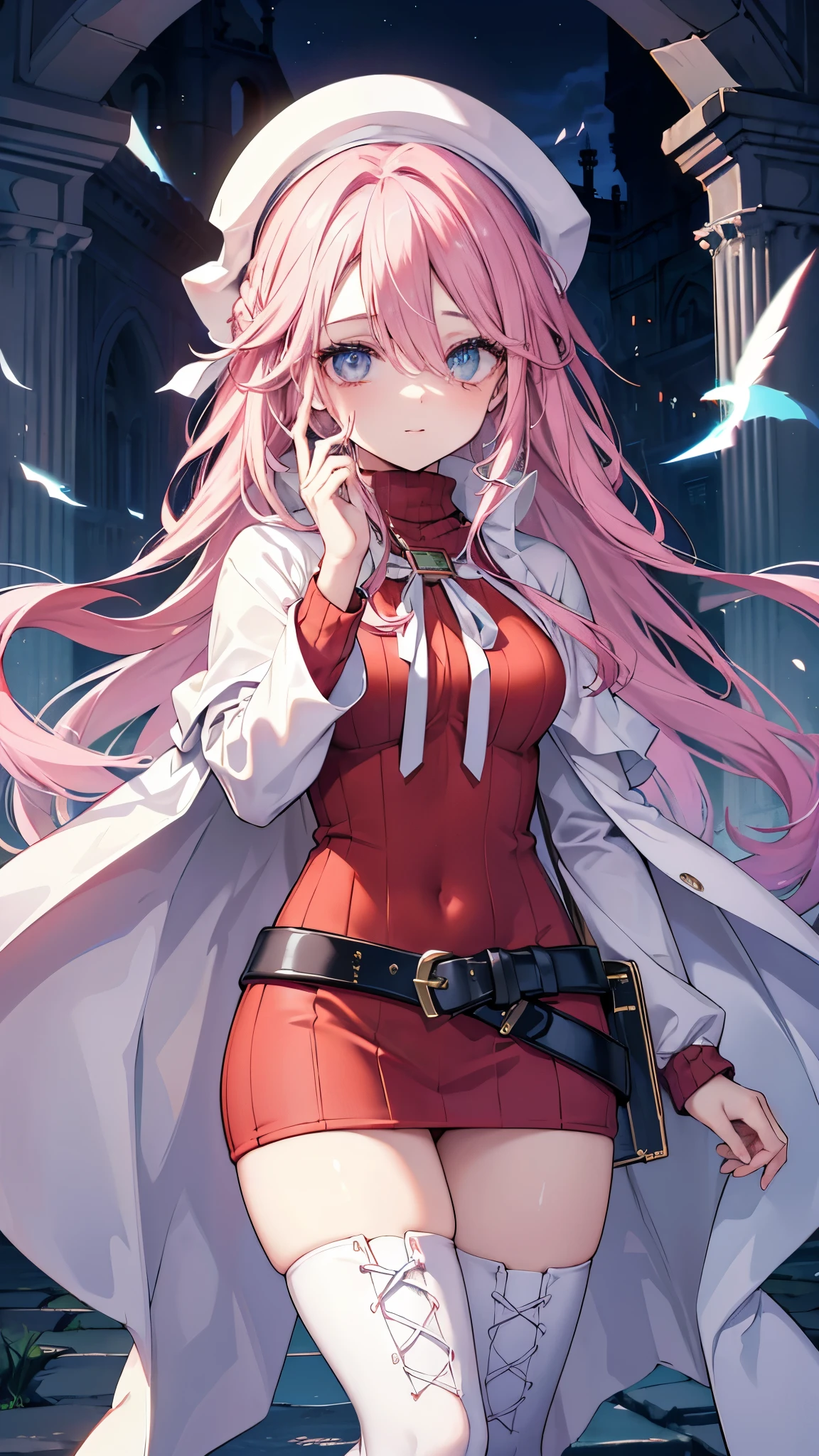 1girl, (18 years old), long hair, pink hair, hime cut, long sleeves, red shirt, pectoral fin cleavage, male focus, black pants, slender red eyes, ring, cute, spin of fire, aura, magic, sparkle, outdoor magic star, highlights, sky clouds, (wide image: 1.2) ,