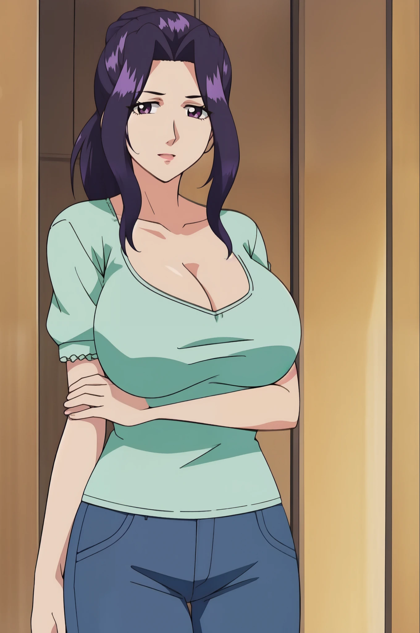 1girl, solo, purple hair, purple eyes, looking at viewer, large breasts, shirt, black hair, cleavage, short sleeves, pants, denim, v arms, breasts squeezed together, jeans,
