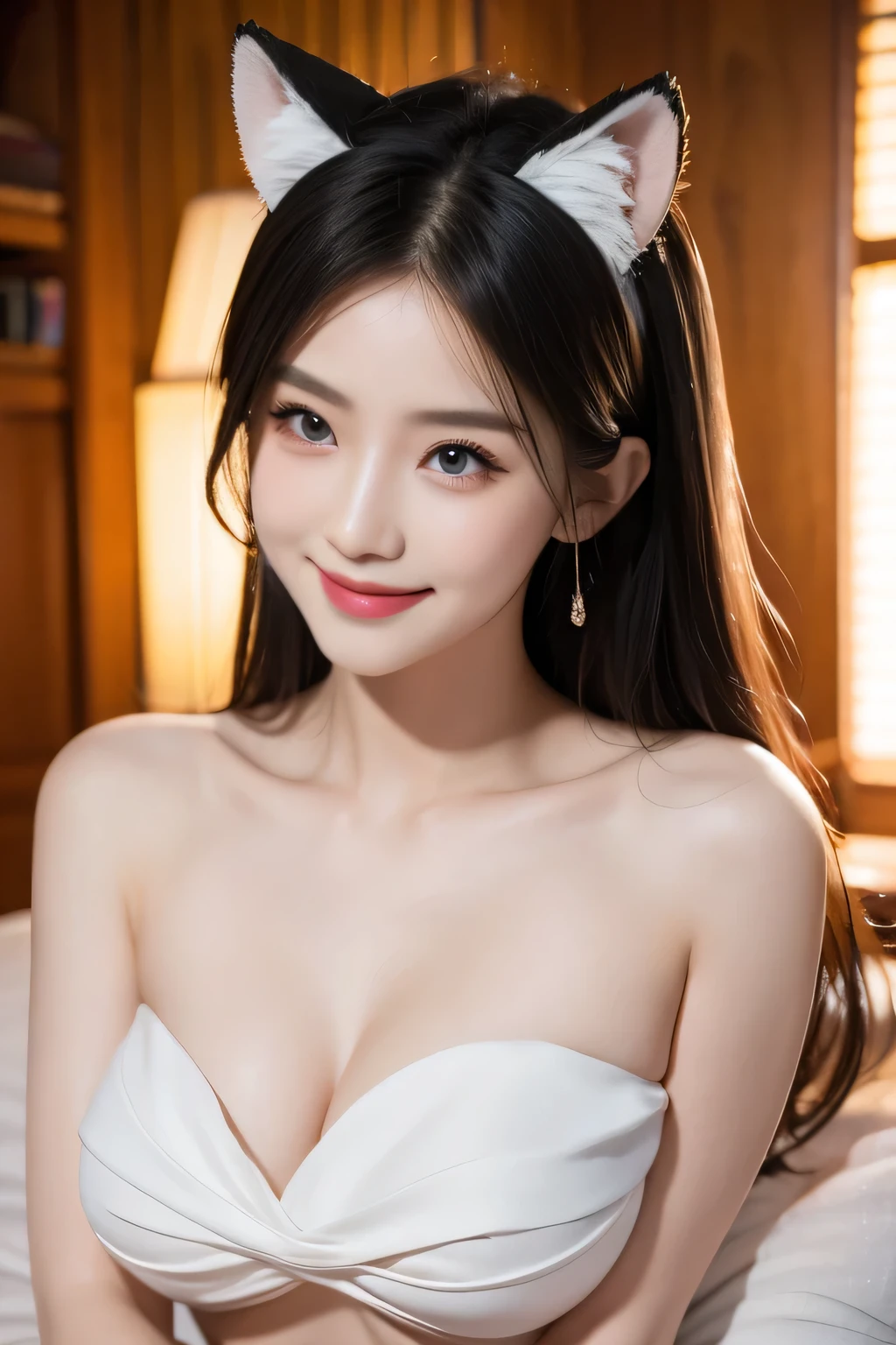black hair, hair bobbles, wince, longeyelashes, solid circle eyes, fake animal ears, light smile, ear blush, fang, Surrealism, drop shadow, anaglyph, stereogram, tachi-e, pov, atmospheric perspective, 8k, super detail, ccurate, best quality,Full body portrait, Seven-hit shooting, 20 years old, Wearing a transparent evening gown, Exquisite face, detail, hand, ultimate detail, Stunning magnificence, LED interior lighting, Pedepin (Pedaipan) style, Fiber Hair, Glowing red iris, Glowing red iris. ,,