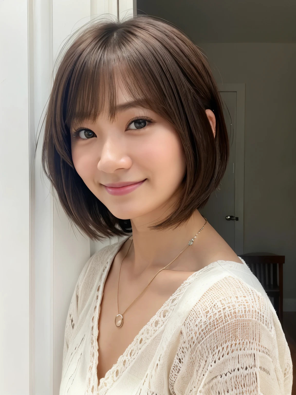 highest quality,40-year-old woman,huge ,Very short hair,Muscular,Beautiful Face,Narrow eyes,Thick lips,light makeup,Blusher,Realistic wrinkles,Tabletop、White wall、Taken in front of a white door、おしゃれなSpring Clothes、(8k、Live Shooting、highest quality、masterpiece:1.2)、High-quality RAW color photos、Professional photos、(Genuine、フォトGenuine:1.37)、Photographed in natural light、1 girl、怠惰なsmile、(Various poses)、Spring Clothes、Simple Necklace、Don'Don't look at the camera、Shortcuts、((Brown Hair))、short hair、The eye color is dark brown、Correct hand of human body、Look Down、Fluffy hair、smile