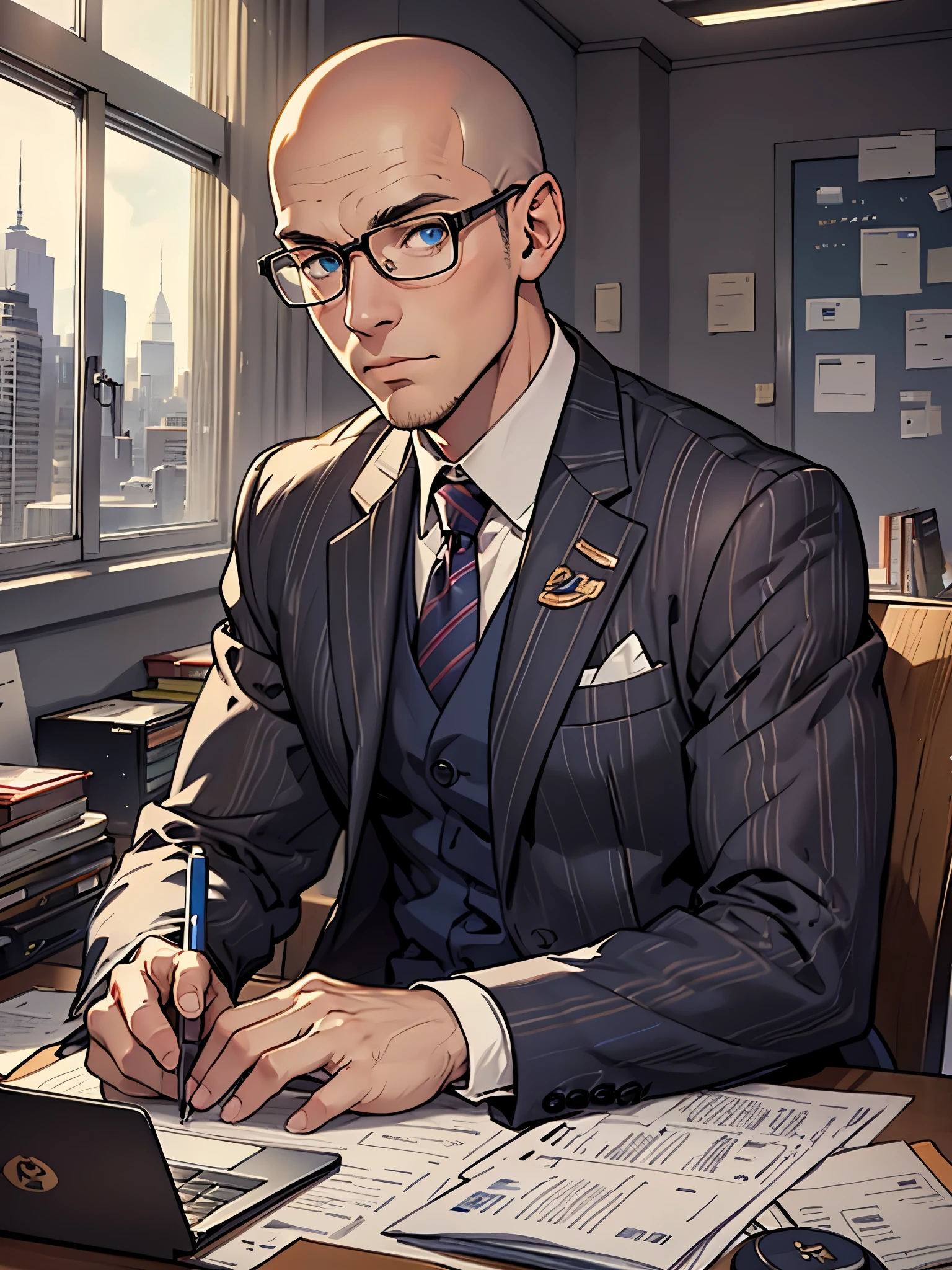 best quality, masterpiece, highres, solo, solo focus, 1boy, mature billionaire, bald head, blue eyes, glasses, american, three-piece suit, sitting in a chair, office, desk, laptop computer, empire state building outside window, scheming