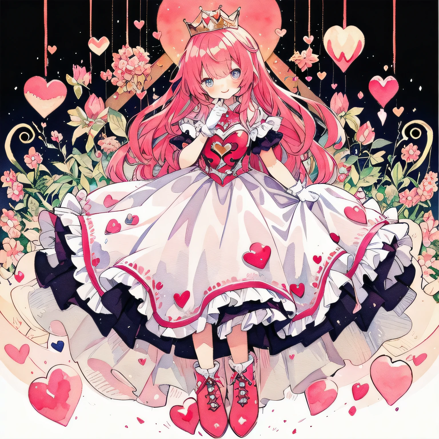 boots、 one girl, White and red wavy hair, dumpling hair, hair in one piece, beautiful hair, cute composition, depth of boundaries, beautiful soft illustration, watercolor style, light red hair, heart many hearts fluffy smile Queen of Hearts Lace Gloves Red Frill Dress Volume One Piece Queen's majesty Red and Pink