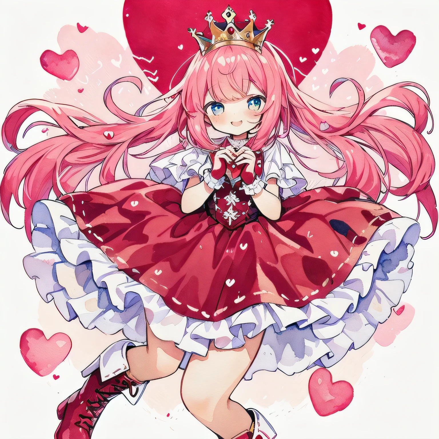 boots、 one girl, White and red wavy hair, dumpling hair, hair in one piece, beautiful hair, cute composition, depth of boundaries, beautiful soft illustration, watercolor style, light red hair, heart many hearts fluffy smile Queen of Hearts Lace Gloves Red Frill Dress Volume One Piece Queen's majesty Red and Pink