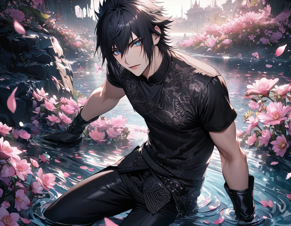 Ultra detailed, Highres, absurdres, Noctis Lucis Caelum, black hair, blue eyes, Final Fantasy XV, white long coat with patterns, pink flowers, petals, extremely handsome, sexy man, solo, very detailed eyes and face, black gloves, water, pink butterflies, black tight t-shirt, black pants