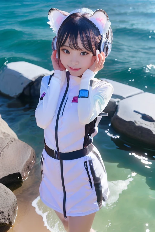 (hyperrealistic, faux figurine, diorama, 3D: 1.3), (Blue Coast:1.3, beach:1.3) (((chibi:1.5))), (1girl, cute, very smile, kawaii, wide open mouth, medium breasts), ((black hair:1.3), blunt bangs, long hair, (white tiger ears:1.3), glowing purple eyes, beach wear, sun hat), pose pose, from above, (character focus and face focus:1.5), Adjusting sunglasses, BREAK ((girl swimming in the Blue Coast, Splashing water)), (beach ball, flamingo float), ((Intensifying sunlight, dewdrop, shimmering water, splash)), BREAK masterpieces, absurdres, highres, ultra detailed, extremely detailed CG, extremely shiny skin, beautiful detailed eyes, perfect anatomy, perfect hands, perfect fingers, perfect legs, extremely detailed background,, (acrobatic pose):10,((Detailed face, Professional photography)), ((NSFW, zettai ryouiki, 1 girl)), Ultra-high resolution, (Realistic: 1.4), RAW Photos, highest quality, (PhotoRealistic Stick), concentrated, Soft Light, ((30 years old)), ((Japanese)), (( (Young Face))), (surface), (Depth of written boundary), masterpiece, (Realistic),(inside ISS):3, woman, ,astrovest:2,headphone:2,smartwatch,,bangs, ((1 girl)),(black sleeves):2,(black tights):2,inside spacestation,inside spacecraft,,zero gravity,smile,open leg,blush:1.5,hidden hands,neotech