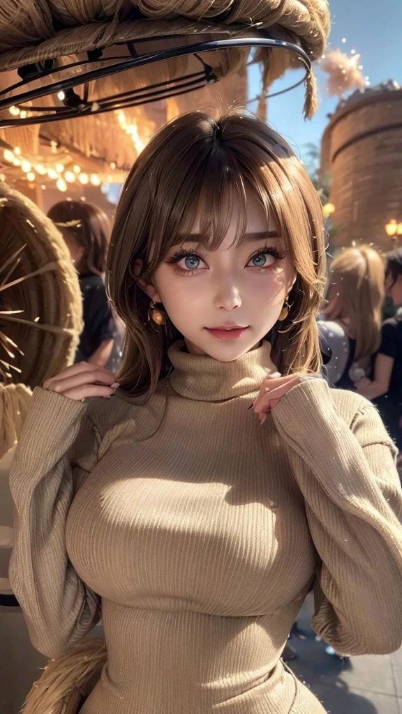 Very detailed, beautiful, Pieces fly, highest quality, detailed beautiful round eyes, beautifully detailed face, Whole Body Ezbian, Medium Long Hair, Casual Hairstyles, (Random color hair, Golden mesh), Big eyes, Random color eyes, Long eyelashes, Thick mascara, Dark eyeliner, (Broken big breasts, (A big bust that seems to burst:1.4), Rich serving, Thick waist), (Wide Hips:1.4, Toned thighs, Body Curves), 40 years old, woman, (Turtleneck tight dress), Perfect Face, Perfect body, Sexy pose, (A shy smile), Random Location, nature, (Background Asahi), (alone)