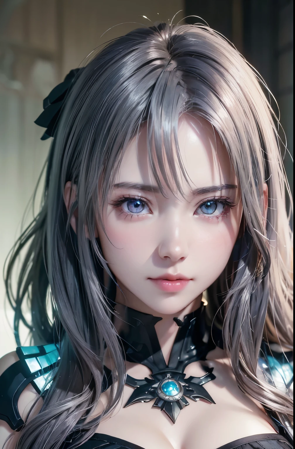 highest quality、8k Masterpiece、超A high resolution、(Photorealistic:1.3)、RAW Photos、1 girl、Silvery white hair、Glowing Skin、1. Super-beautiful Cyberpunk Soldiers、((Ultra-Realistic Details))、Portrait、Global Illumination、Shadow、Octane Rendering、8k、Super sharp、Beautiful breasts、Bare skin exposed in the cleavage、Metal、Cold colors、、Very intricate details、Realistic Light、CGSoation Trend、Beautiful Eyes、Shining Eyes、To the camera、Neon Details、