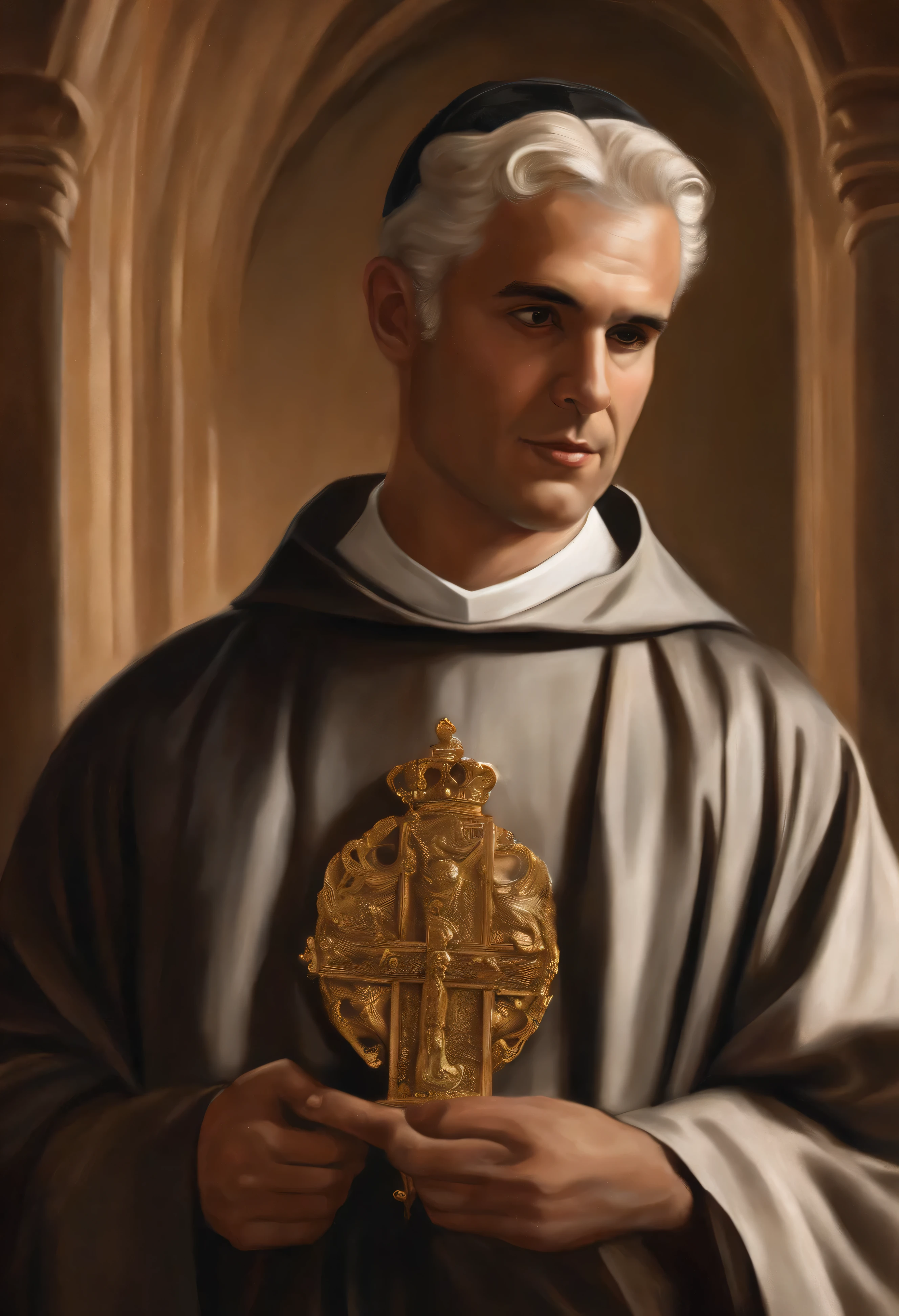 a closeup of a painting of a Christian priest priest male, Retrato gracioso santo, portrait of saint of the pit, inspired by Juan Giménez, inspirado em Bernardo Daddi, Directed by: Jan Stanislavski, inspirado em Francisco de Holanda, Directed by: Thomas Aquinas Daly, Inspired by Thomas Aquinas Daly Disney Drawing