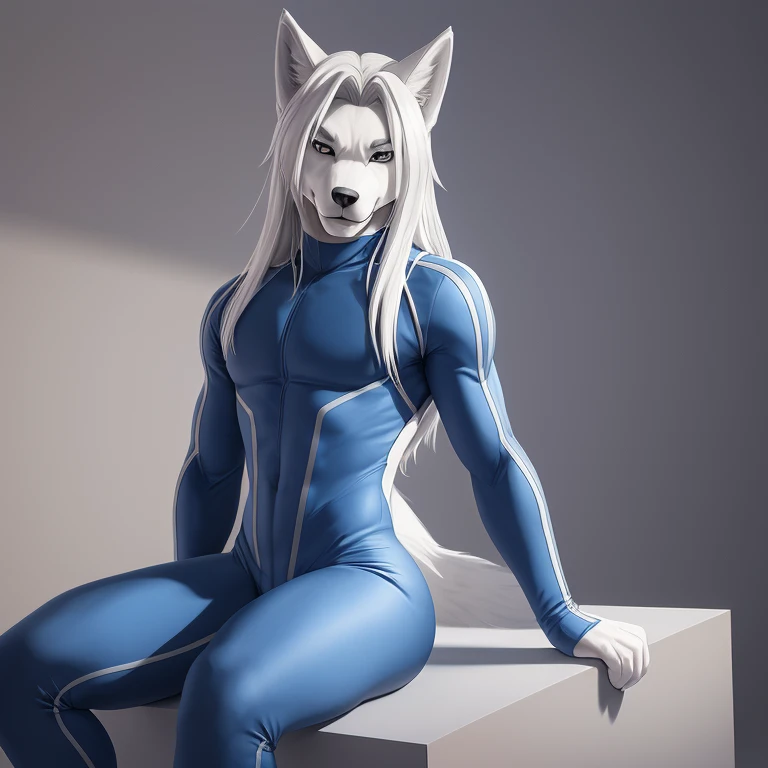 anthro wolf guy, male, gay, cute, handsome, gray fur and body, gray face, long white hair, lean body, toned plump butt, big round buttcheeks, thick butt, solo, standing upright, wearing skin tight blue bodysuit, sitting on lap, back facing viewer