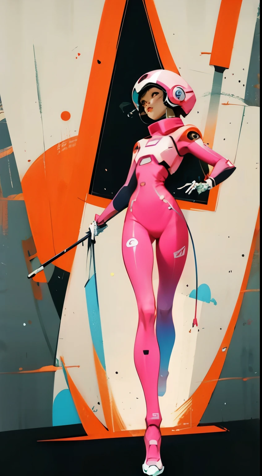 (ultra detailed,ultra high res,detailed background),((2D)),((flat color)),((muted color)),((floating neon)),1girl,solo,looking at viewer, BREAK, spray paint, graffiti, girl in a floral print space suit wearing her helmet, plush tartan scarf, full body image