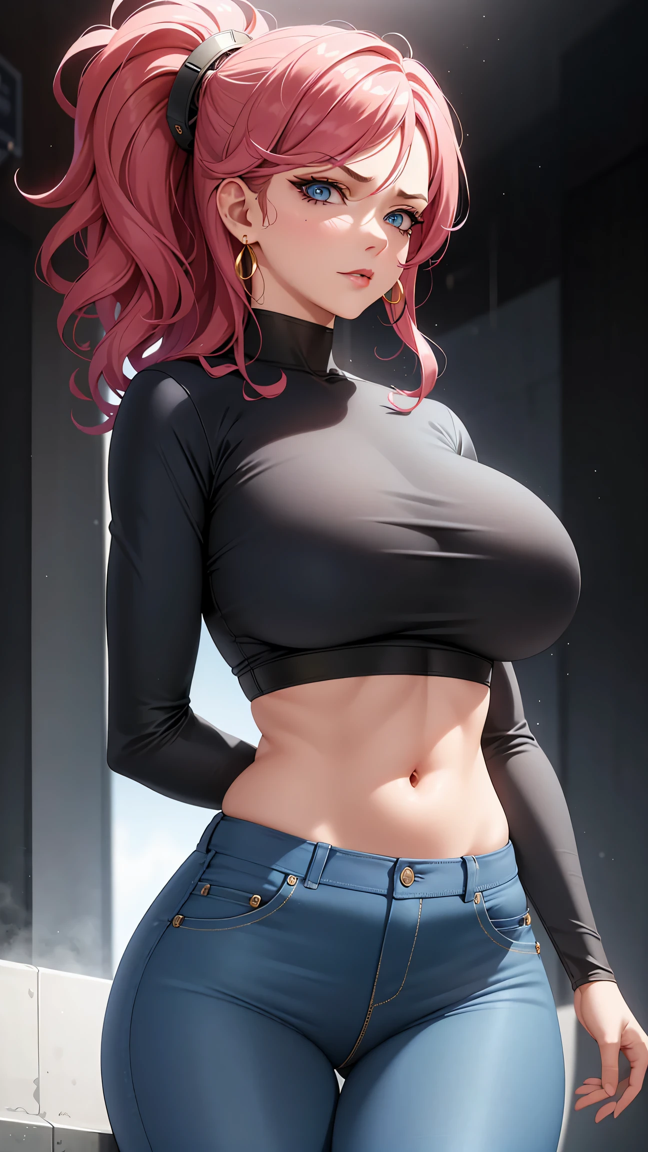 (best quality:1.5, highres, UHD, 4K, detailed lighting, shaders), white curly haired, gradient hair, large breasts, suit, T-shirt, social shirt, short jeans pants, mature woman , (pov), colorful eyeshadow, dramatic lighting, sparkling eyes, sensual expression, golden earrings, flowing hair, delicate facial features, soft skin, high cheekbones, urban setting, black background, dont look for the camera, lean forward,