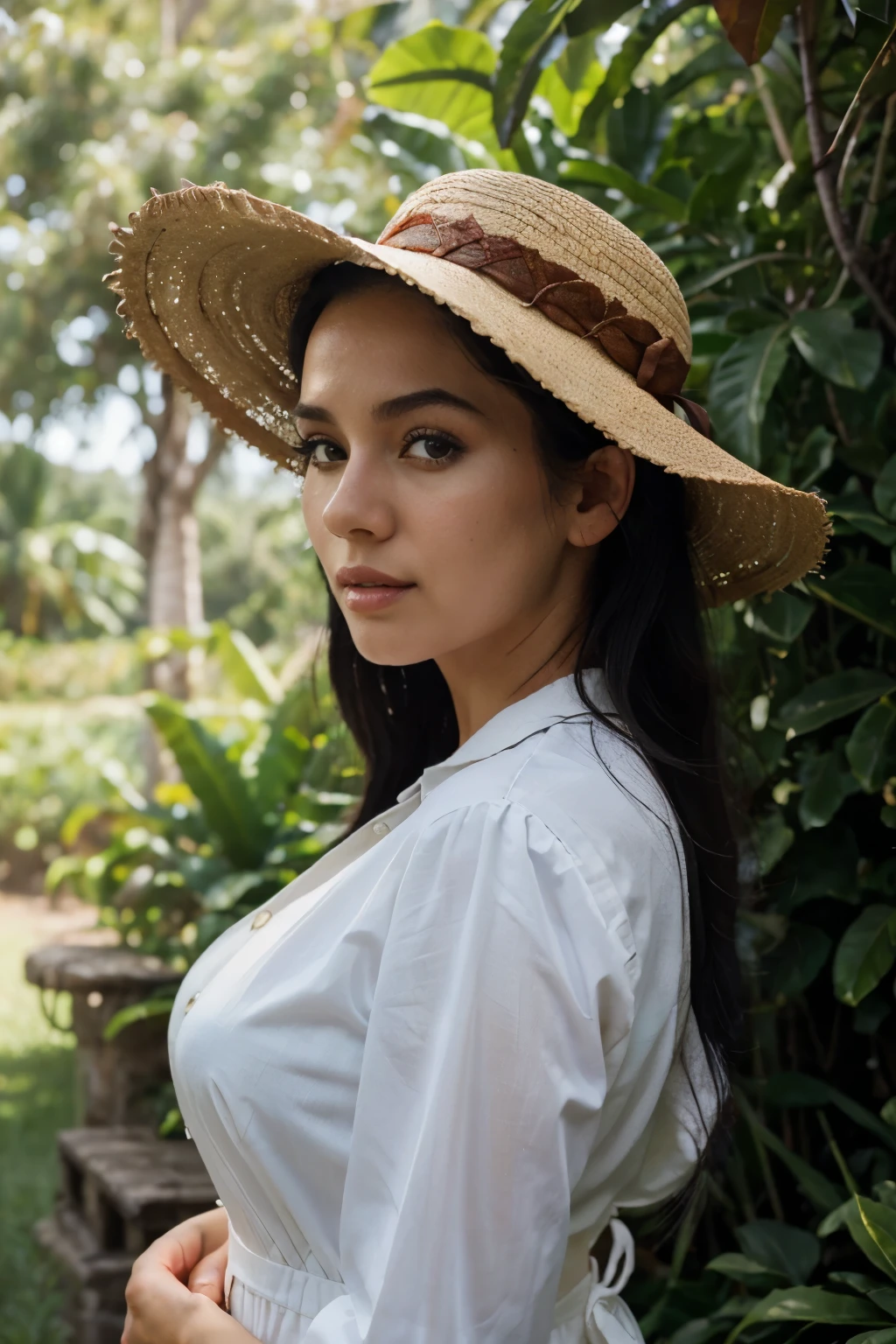 (Best quality, Ultra high-definition, masterpiece: 1.1), idyllic Puerto Rican countryside, picturesque postcard, lush green vegetation, rolling hills, serene blue sky, beautiful white woman, long black hair (rockabilly style), brown eyes, gracefully standing, colorful red rockabilly dress, wide-brimmed hat, admiring scenery, tranquility and warmth, (hazy sunlight: 0.8), (deep saturated colors: 1.3), close-up view of woman's face, intricate details, shallow depth of field, (nostalgic atmosphere: 0.7), natural makeup, clear complexion