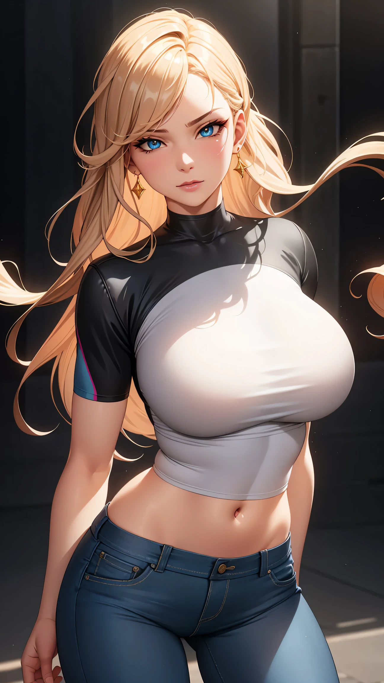 (best quality:1.5, highres, UHD, 4K, detailed lighting, shaders), white curly haired, gradient hair, large breasts, suit, T-shirt, social shirt, short jeans pants, mature woman , (pov), colorful eyeshadow, dramatic lighting, sparkling eyes, sensual expression, golden earrings, flowing hair, delicate facial features, soft skin, high cheekbones, urban setting, black background, dont look for the camera, lean forward, 