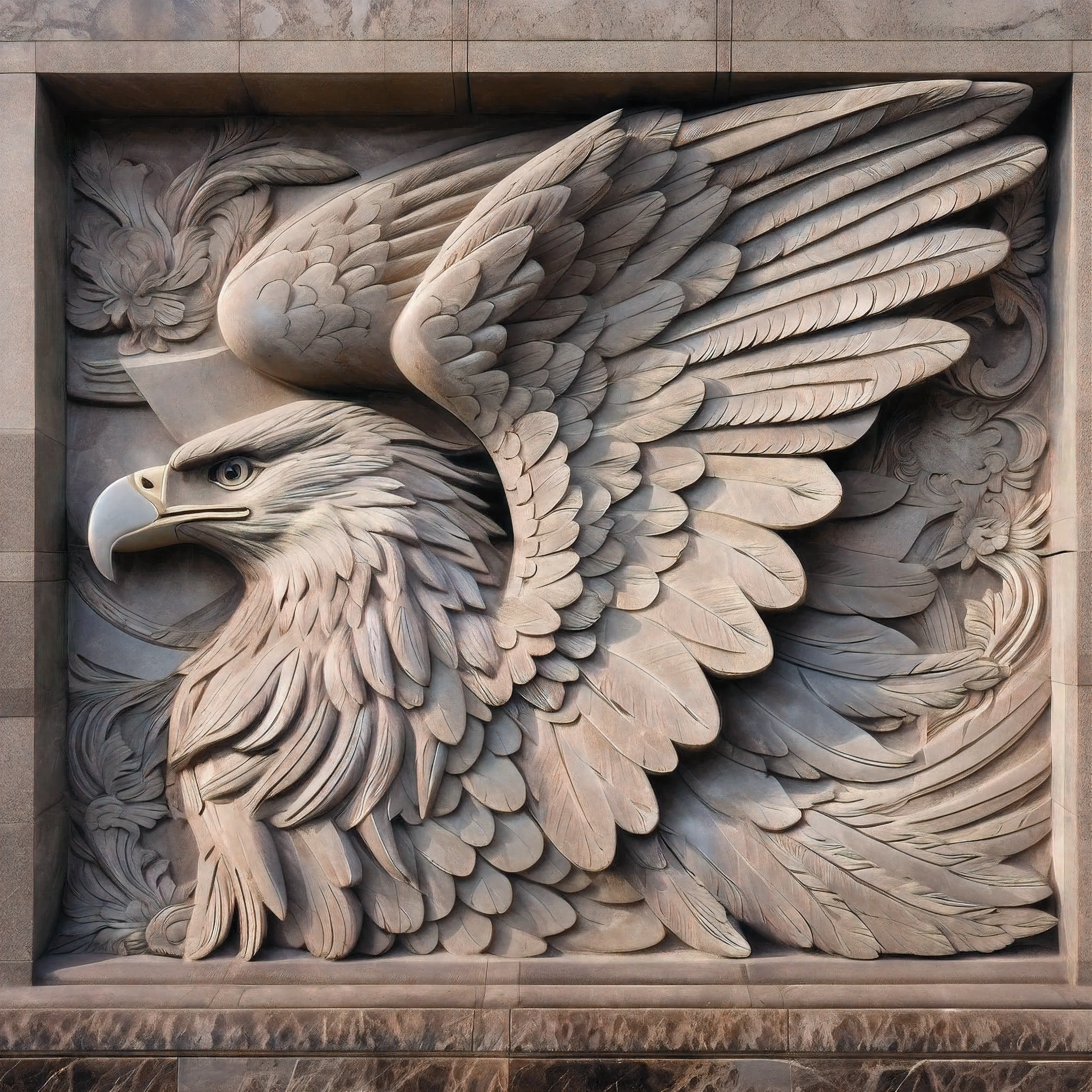 a close up of a bird on a building with a clock, low - relief stone sculpture, relief sculpture, majestic symmetrical eagle wings, stone relief, stone carving, high quality architectural art, bas - relief, high - intricate - detail, bas relief, highly detailed sculpture, eagle wings, with an eagle emblem, intricate artwork, on a large marble wall