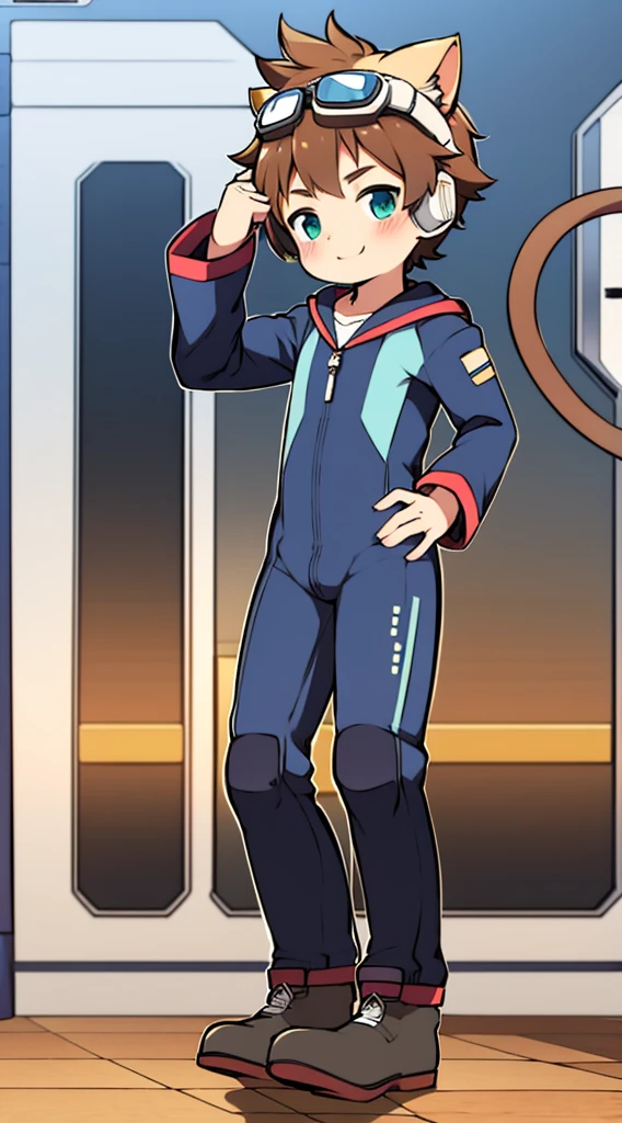 2D Boy Shota,One-piece mountaineering suit,Slim, healthy body,Put the headphones on your head,stand up,goggles,Cat ear,happy,Sailor collar,Lovely,