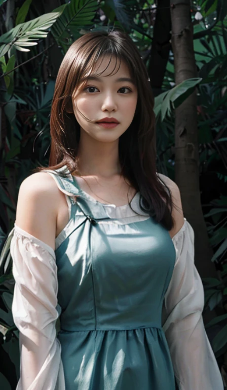 highest quality, High resolution, Highly detailed photos, (Realistic), Upper Body Shot, Professional Lighting, ((girl, alone)), Beautiful and exquisite face and eyes, Euphoria, Wearing a maxi dress, In the magical forest