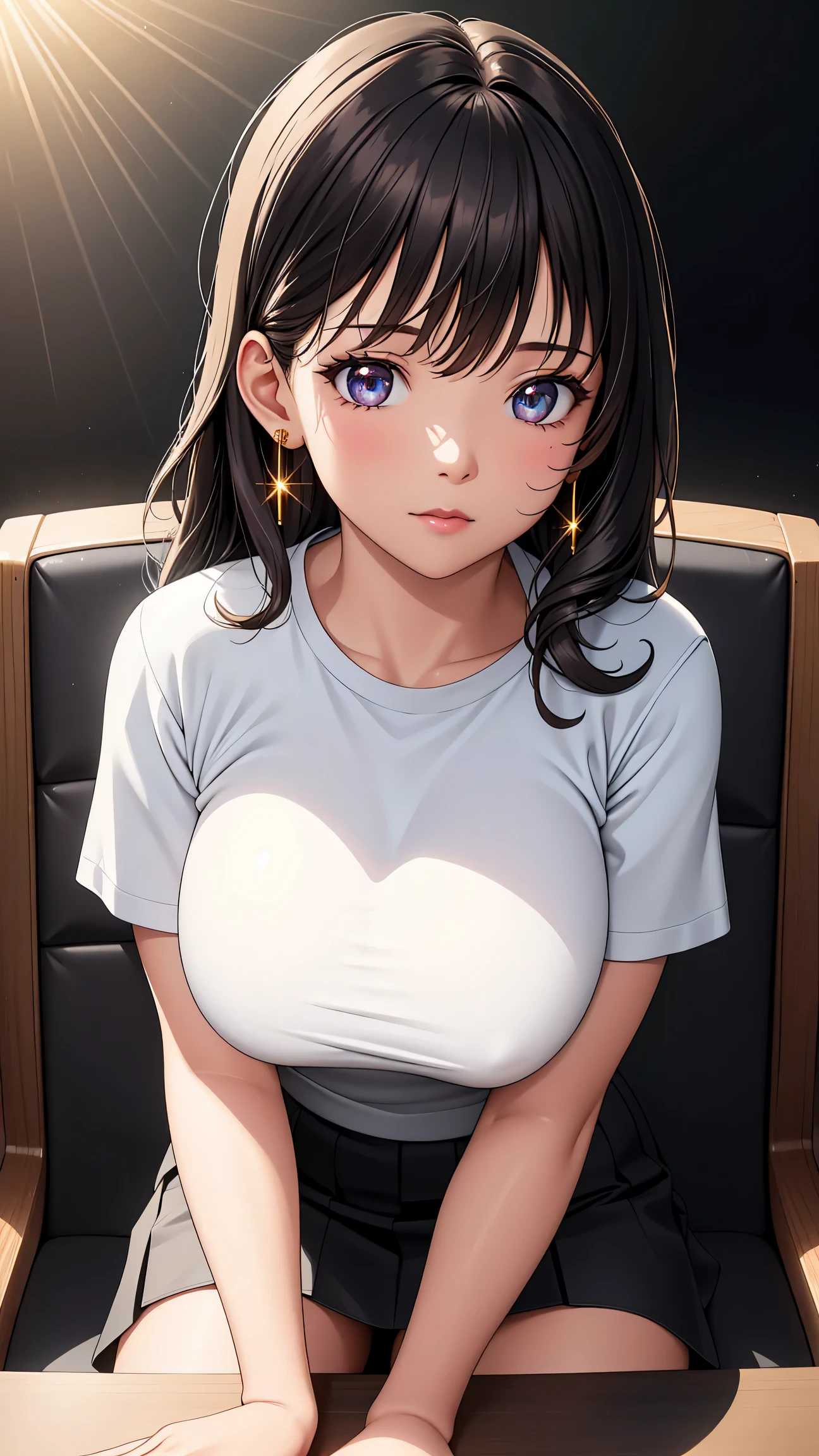 (best quality:1.5, highres, UHD, 4K, detailed lighting, shaders), white curly floral haired, gradient hair, large breasts, suit, T-shirt, social shirt, short skirt, mature woman , (pov), white background, colorful eyeshadow, dramatic lighting, sparkling eyes, sensual expression, golden earrings, flowing hair, delicate facial features, brown skin, high cheekbones, urban setting, black background, dont look for the camera, lean forward, sitting on a chair upside down,  behind  the camera