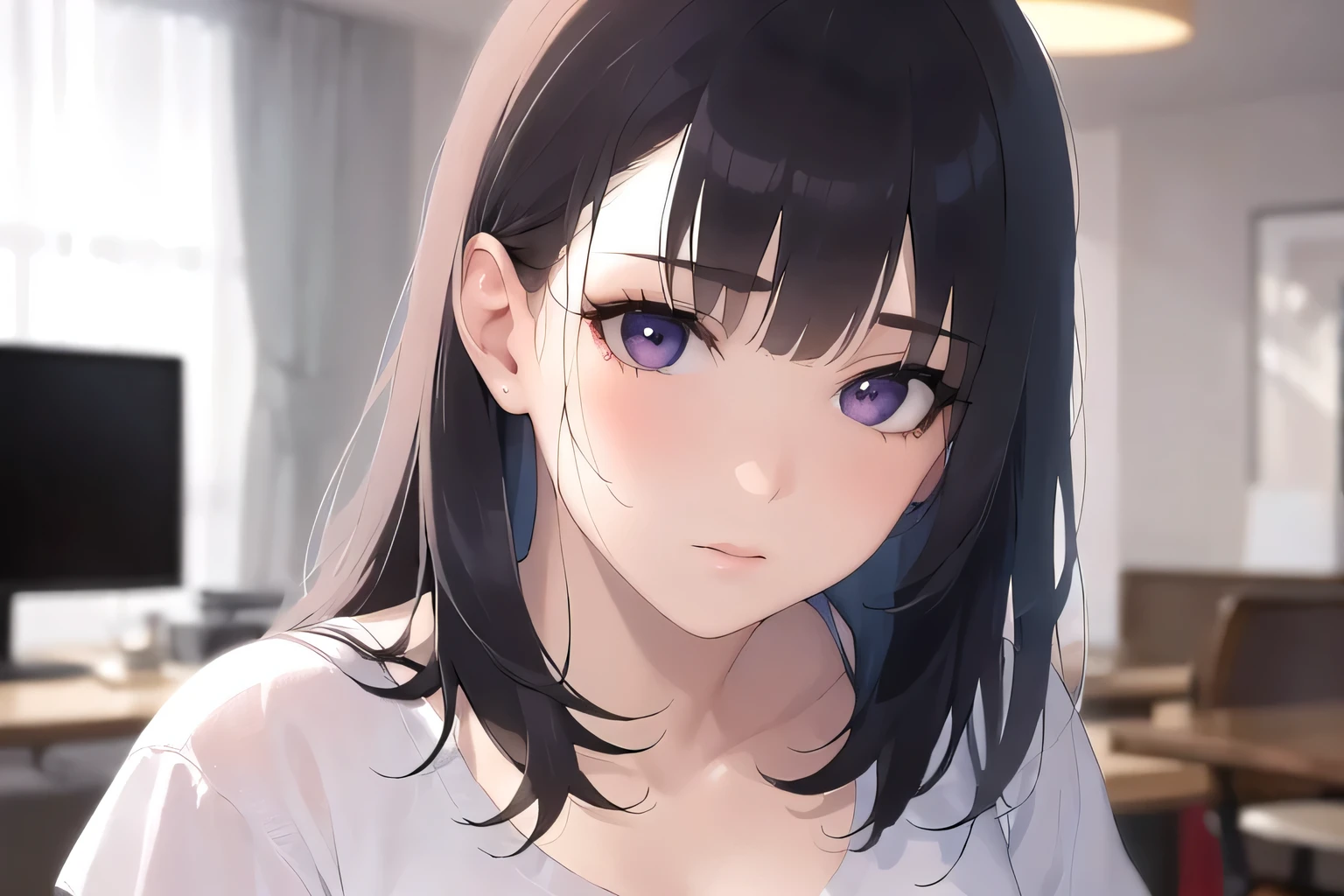 Cleavage、Upper Body, Realistic, real person, (pale skin: 1.2), shiny skin, shiny hair、(A 25-year-old woman with straight hair and bangs) and (medium hair) and (black hair) and (purple eyes) , (white) and (T-shirt) 、sad, The background is the living room、Alone、Are standing
