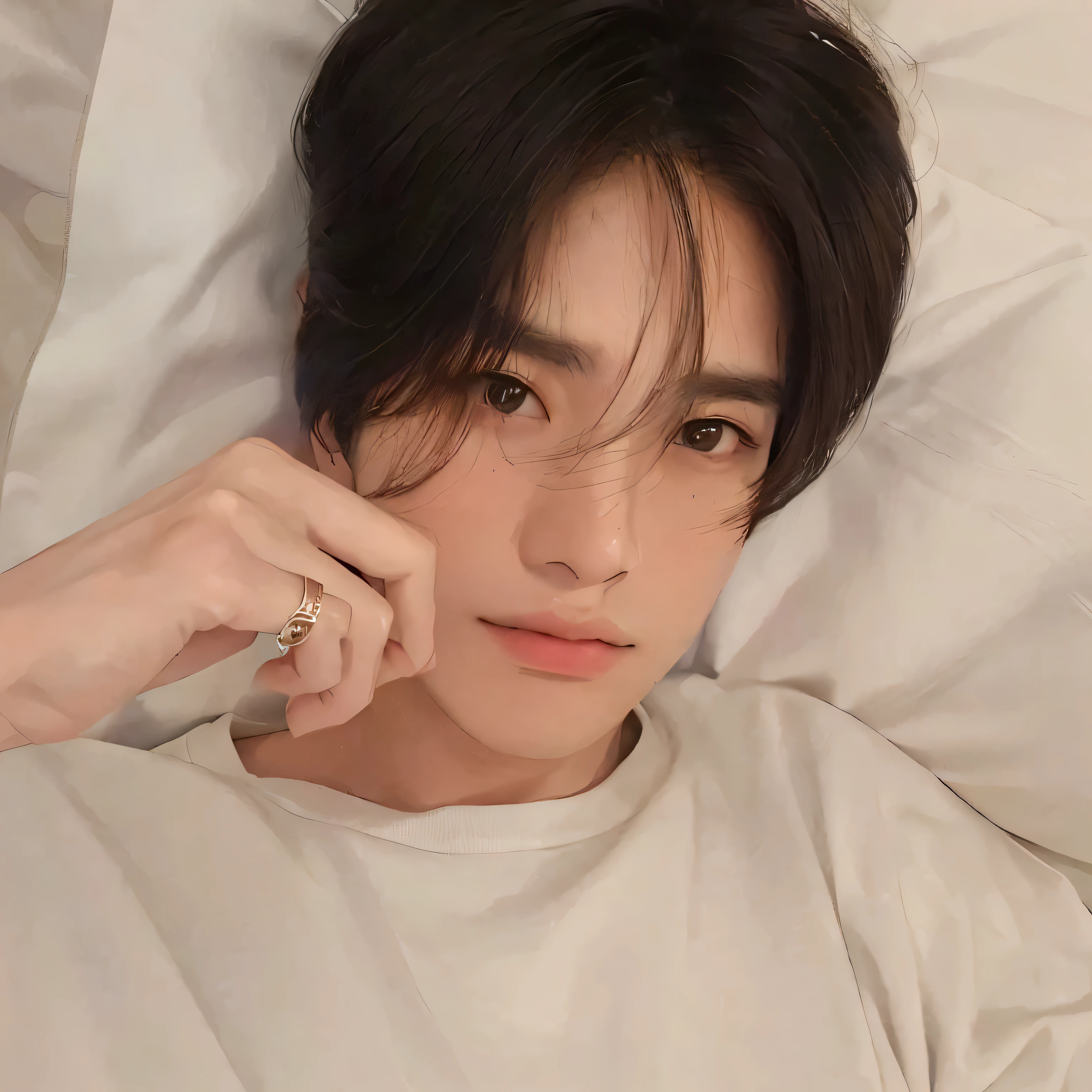 Hay un hombre acostado en la cama con un anillo en el dedo., Kim Doyoung, Jung Jaehyun, hyung tae, pintar ulzzang, kousuke oono, kim taejin, delicate androgynous prince, jinyoung shin, beautiful androgynous prince, 1 7-year-old boy with a thin face, Hyung Tae Kim, Hong June Hyung