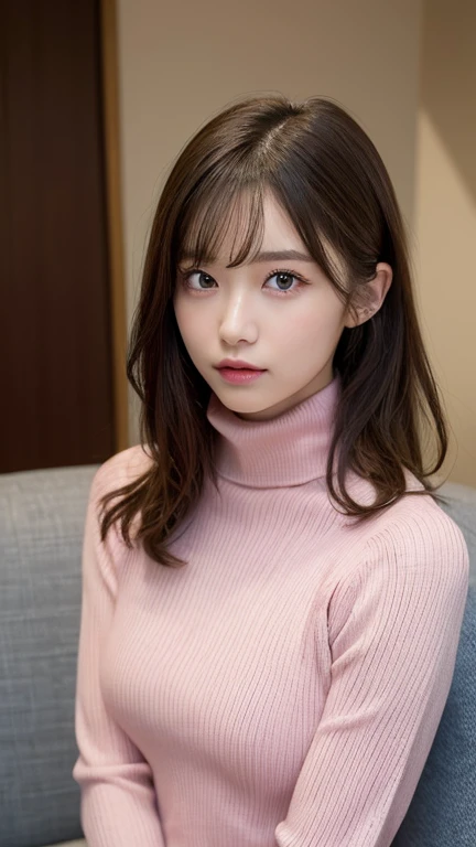 (masterpiece:1.5)、(Realistic:1.5)、(highest quality:1.4、8k、RAW Photos)、
Ultra-high resolution、Professional Lighting、Perfect dynamic composition、Photographed indoors、
Film Grain、chromatic aberration、(Bokeh:1.1)、
Frank、Sophisticated、charm、超Realistic、Attention to detail、Golden Ratio、
(1 girl)、Slender girl、繊細でcharm女の子、Cute Woman:1.4、
Serious expression、Looking at the audience、Sculptural installation、Sit on the sofa and relax、
Light brown hair、Shiny Hair、Hairstyle: Ponytail、
real skin、
Shut your mouth.、Beautiful Eyes、double eyelid、Thin arms、、
(She is wearing a pink turtleneck ribbed sweater dress.:1.3)、Show off your thighs
