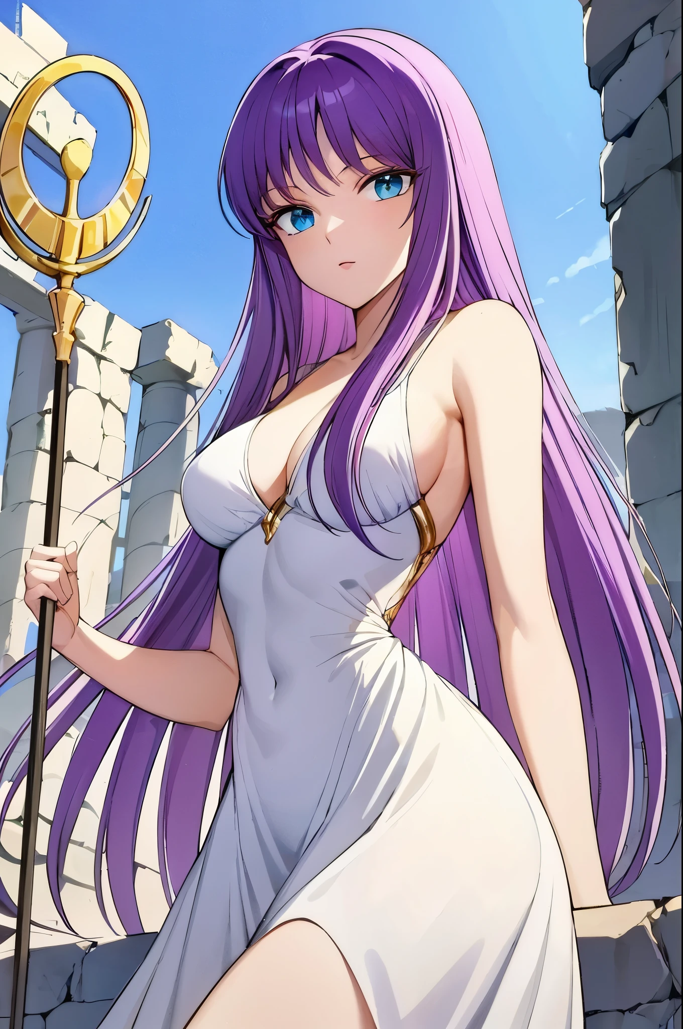 perfect eyes:1.2, detailed eyes:1.4, kido_saori, standing, greek ruins, large_breasts, saori_sleeveless_white_dress, saori_accessories, staff_Nikke, detailed face, detailed eyes, highres, 1girl, solo, (masterpiece:1.6, best quality),
