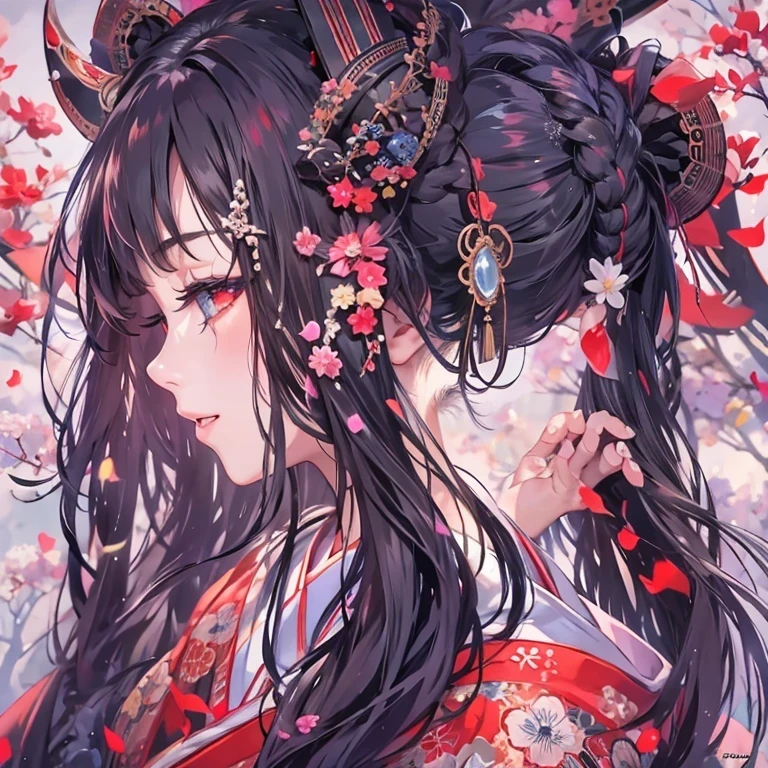 (masterpiece), highest quality, Expressive eyes, Beautiful manga Japanese woman with perfect face, MangaKawaiiAnime, Beautiful Japanese Kimono, The kimono has dragon embroidery on it... Black and red clothing colors, Japanese women's long hair, Black hair color, Braided hairstyles, single eyelid, Beautiful silver eyes ,Hooded Eyestyle, Sensual, Sank, Fascinating and enigmatic., facial expressions smile., Beautiful photo situation.