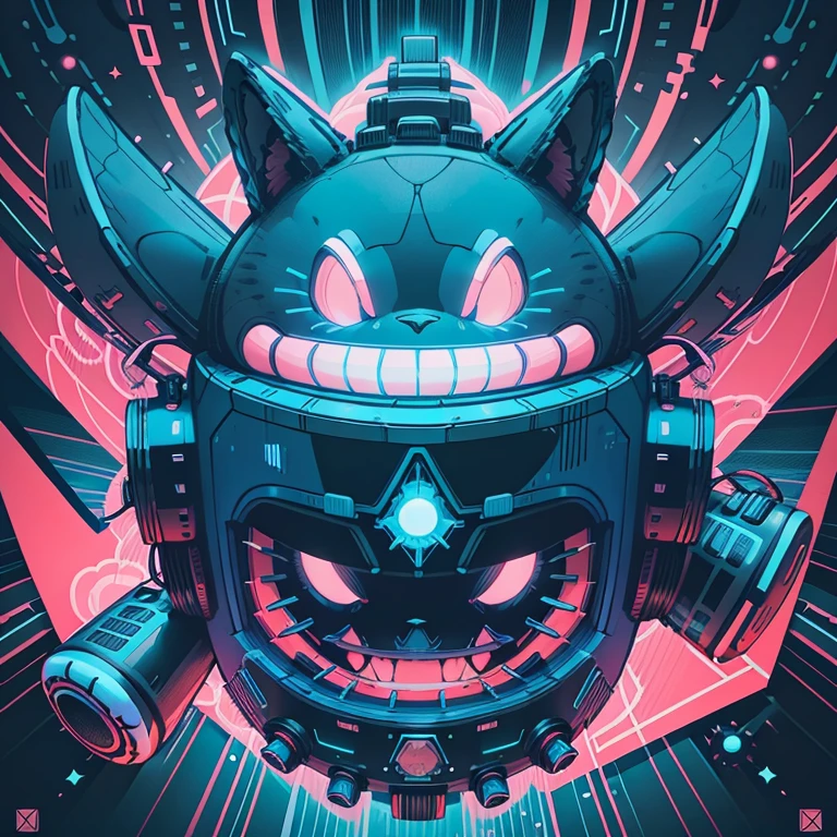 Neon blue stuffed animal, boca aberta dentes grandes, raios nos olhos neon red，Add spaceship and music elements，guitar，boombox ，The background is the universe and other planets，Vector illustration，T-shirt pattern design，sticker design