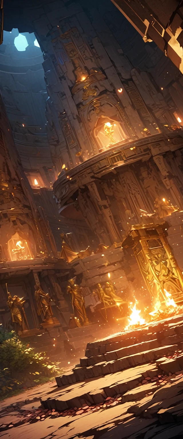 ((Masterpiece, top quality, high resolution)), ((highly detailed CG unified 8K wallpaper)), A dimly lit underground temple, a golden statue of the goddess lit by a bonfire, Hourglass Shape,