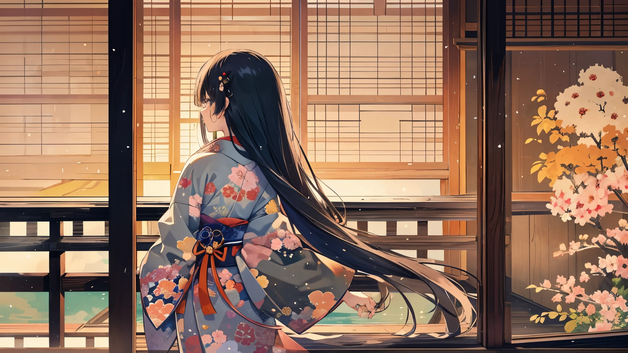 A girl is looking backwards at the moon, Girl with long black hair hanging down to the floor, The 11-layer kimono refers to the 10-layer kimono worn by noblewomen in the Heian period.。., Other side of the moon, The girl in the background is looking at the beautiful moon, (On a Japanese-style balcony:1.2), Set the Tsukimi Dango aside, Nearby is a soot-stained vase., colorful, Ultra-detailed, high resolution, [[[[[Multiple arms]]]]]