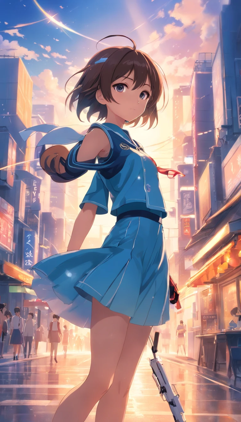 CG Tae-yeon，Wears an elaborate idol symbol uniform，Guantes azules de capa blanca+Guitar idol girl，Todo el cuerpo emite una luz misteriosa，Magic power，，soy，Superpoderes realistas efectos especiales 100% full body photography
