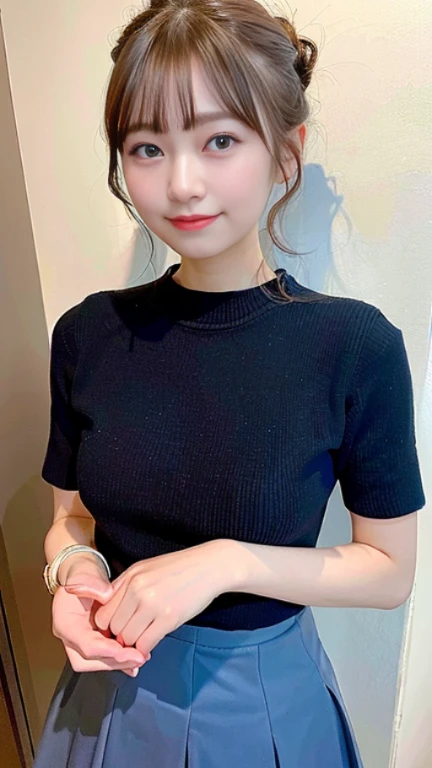 (highest quality、8k、32k、masterpiece、Ultra-high resolution:1.2)、One Girl、Beautiful Japanese Women、Big breasts and small waist、Updo、(Jumper skirt)、20-year-old、Port Report Photo、Cinematic Light、(Hide your hands:1.2)、(Smile at someone you like)、