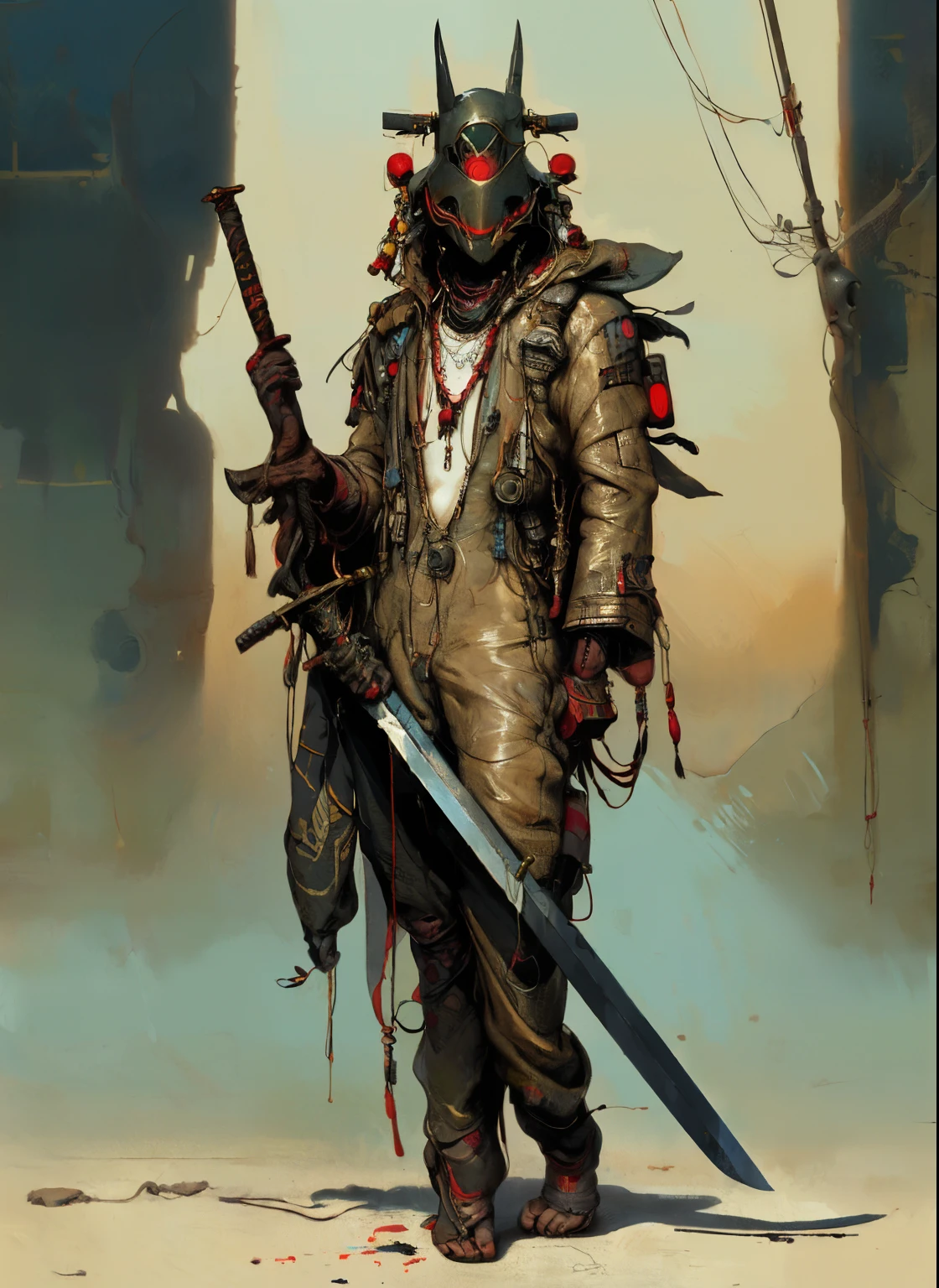 perfect proportions, anatomically correct, (head to toe: 2.0), (full body image: 2.0), solo, (Casshern: 1.6), extremely stylized, deviant art, masterpiece, highly detailed, detailed eyes, expressive detailed eyes, detailed pupils, futuristic, ((1950s scifi helmet)), ((pointy helmet)), Rubber Gloss, (flightsuit:1.4), big boots, entire body image, full body shot, nvinkpunk, professional photograph of alexander_skarsgard, tassles, large beads, (large tassels), cyberpunk, inkpunk, paint platter, ink splatter, (action pose:1.0), ((holding a sword))