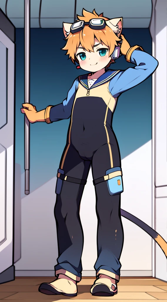 2D Boy Shota,One-piece mountaineering suit,Slim, healthy body,Put the headphones on your head,stand up,goggles,Cat ear,happy,Sailor collar,Lovely,