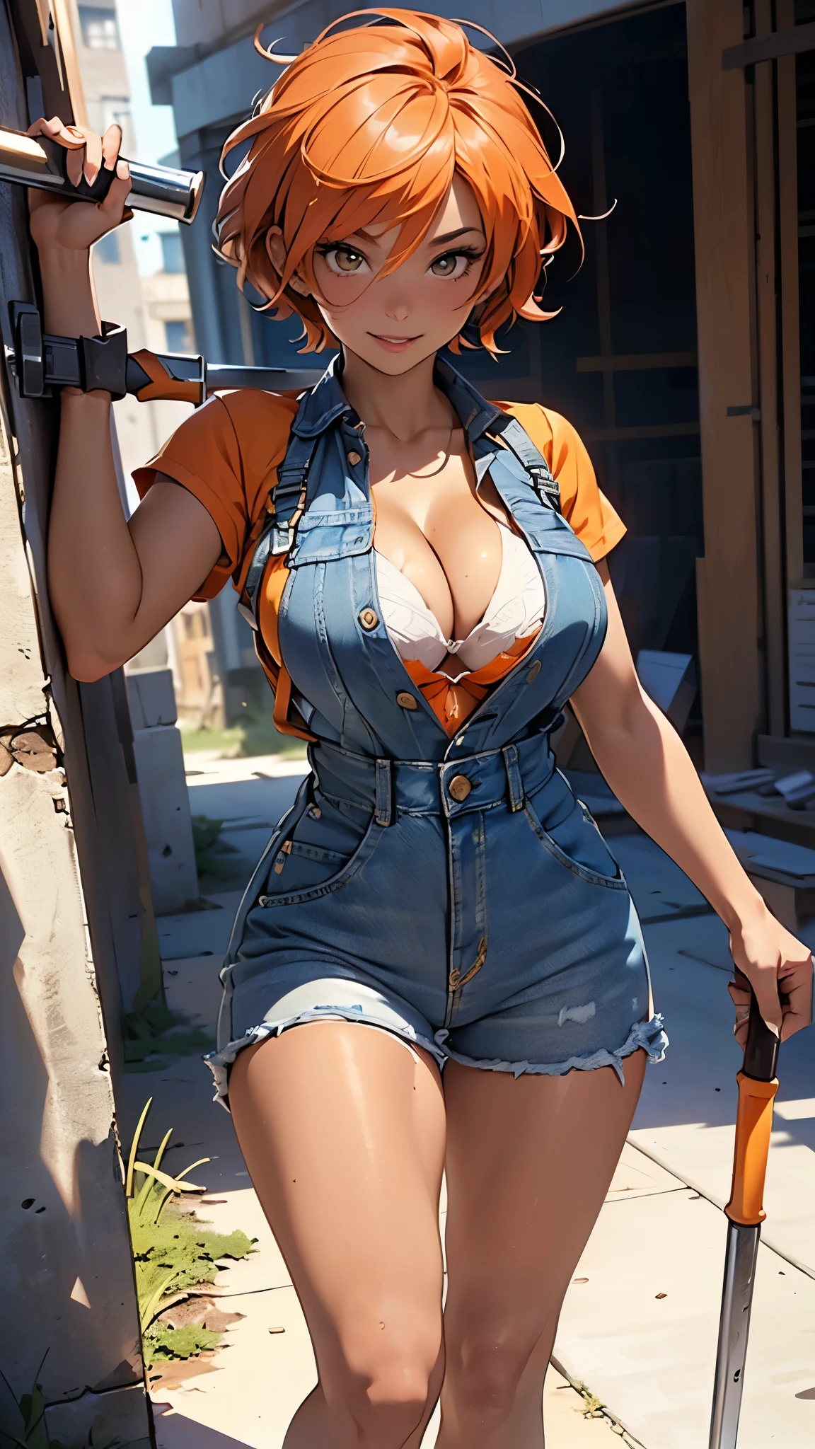 (((Only 1 woman))), ((low camera shot)), masterpiece, 8k, high quality, ultra detailed, anime style, CG Unity, beautiful anime woman, ((26 years old, construction worker)), (((tanned skin: 1.3))), wearing sexy (((denim_overall))), (((cleavage: 1.3))), (((orange_short_hair))), brown eyes, ((perfect body)), (((breasts:1.1, waist:1.0, hips:1.1, toned legs:1))), looking directly to camera, sexy gaze, sexy smile, ((lucious lips)), (((holding a hammer in one hand))), it is a (((day scene))) in a construction site