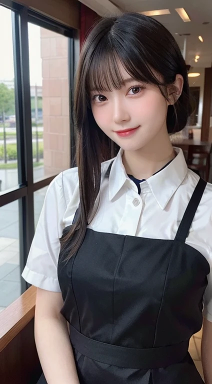 (highest quality,masterpiece:1.3,超A high resolution,),(Ultra-detailed,Caustics),(Photorealistic:1.4,RAW shooting,)Ultra-Realistic Capture,Very detailed,High resolution 16k human skin closeup。 The skin texture is natural、,Pores、It must be detailed enough to be easily identifiable.。 Skin should look healthy and have an even tone。 Use natural light and color,restaurant,(Waitress Uniform:1,3),1 girl,Japanese,18-year-old,cute,Black-haired,Middle Hair,(Large Breasts:1.2),smile,Turn your body forward,(View from the front:1.2),Looking at the camera,Full Body Shot:1.5