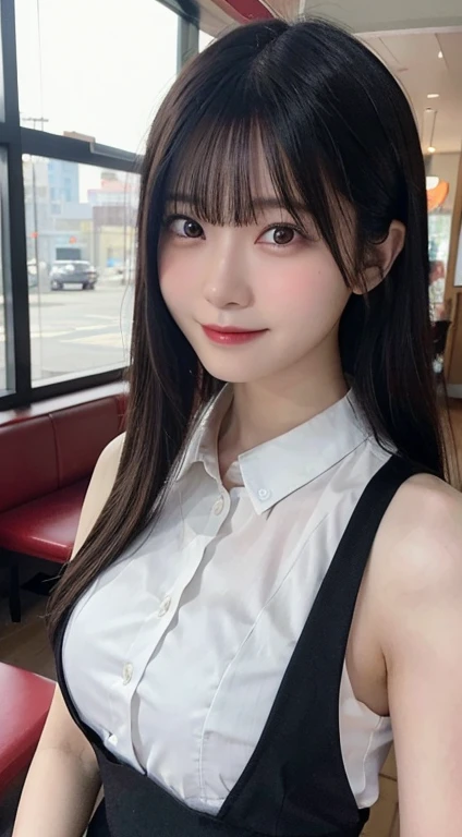 (highest quality,masterpiece:1.3,超A high resolution,),(Ultra-detailed,Caustics),(Photorealistic:1.4,RAW shooting,)Ultra-Realistic Capture,Very detailed,High resolution 16k human skin closeup。 The skin texture is natural、,Pores、It must be detailed enough to be easily identifiable.。 Skin should look healthy and have an even tone。 Use natural light and color,restaurant,(Waitress Uniform:1,3),1 girl,Japanese,18-year-old,cute,Black-haired,Middle Hair,(Large Breasts:1.2),smile,Turn your body forward,(View from the front:1.2),Looking at the camera,Full Body Shot:1.5