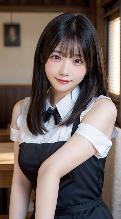 (highest quality,masterpiece:1.3,超A high resolution,),(Ultra-detailed,Caustics),(Photorealistic:1.4,RAW shooting,)Ultra-Realistic Capture,Very detailed,High resolution 16k human skin closeup。 The skin texture is natural、,Pores、It must be detailed enough to be easily identifiable.。 Skin should look healthy and have an even tone。 Use natural light and color,restaurant,(Waitress Uniform:1,3),1 girl,Japanese,18-year-old,cute,Black-haired,Middle Hair,(Large Breasts:1.2),smile,Turn your body forward,(View from the front:1.2),Looking at the camera,Full Body Shot:1.5