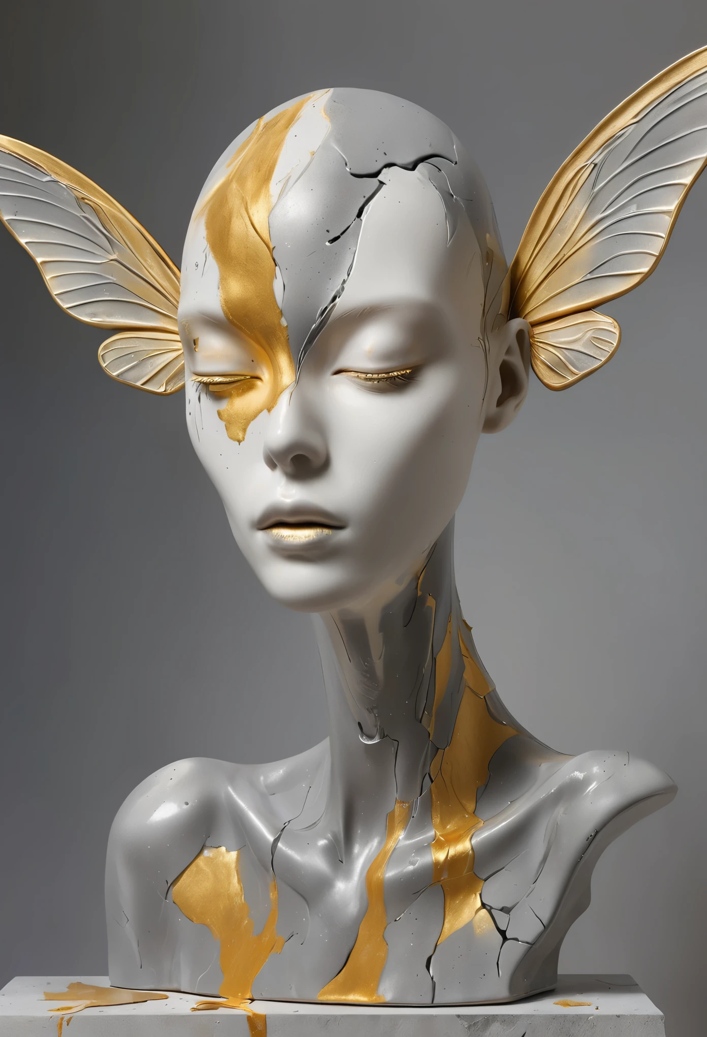 ((display，Still life table，Artistic statues，3D Sculpture，ceramics，Surface cracks，Shattered Texture)),Elegant alien，Showing the beauty of nature.gold，Golden powder， This artwork is presented on a grey background，To emphasize its artistic quality.
