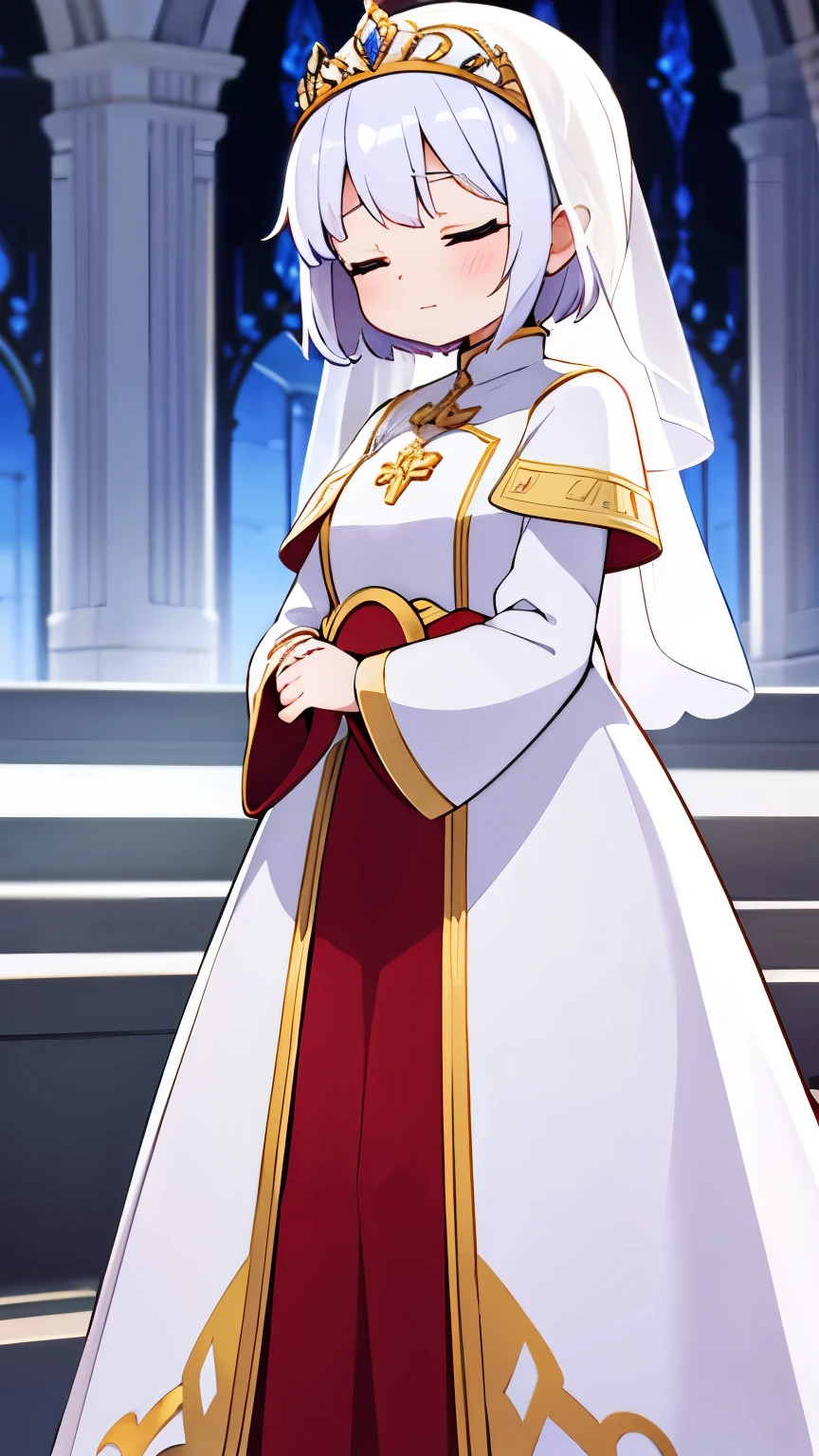 saint,Sister,Adult women,White long-sleeved dress,Wearing a veil,tiara with red stones,Eyes closed,White Short Hair,Standing with arms folded in front of one another,Uses healing magic,Final Boss