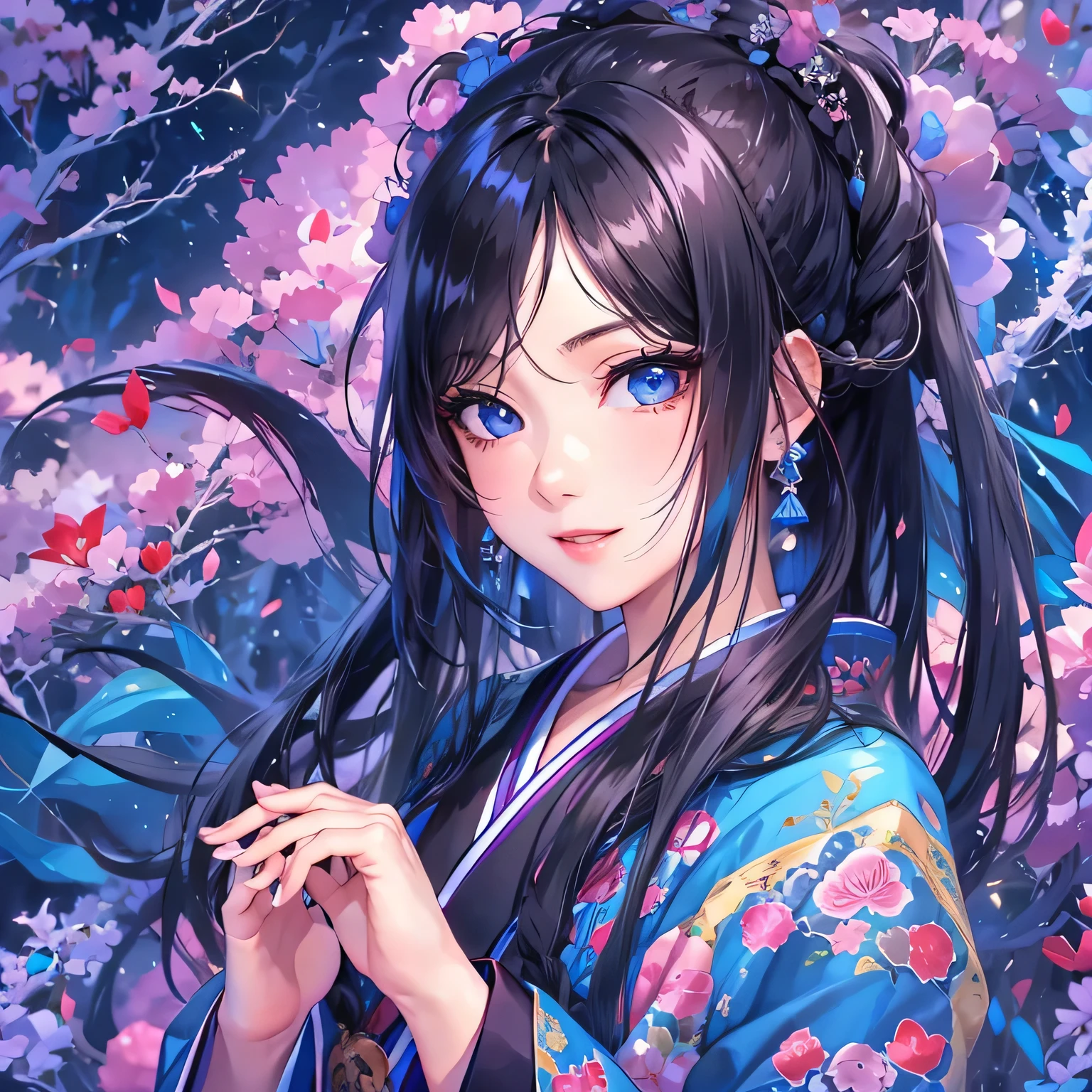(masterpiece), highest quality, Expressive eyes, Beautiful manga Japanese woman with perfect face, MangaKawaiiAnime, Beautiful Japanese Kimono, The kimono is embroidered with dragons.... Black and blue clothing colors, Japanese women'Long hair, Black hair color, Braided Hairstyles, single eyelid, Beautiful blue eyes ,Hooded Eyestyle, Sensual, Sank, Fascinating and mysterious., facial expression smile., Beautiful photo situation.