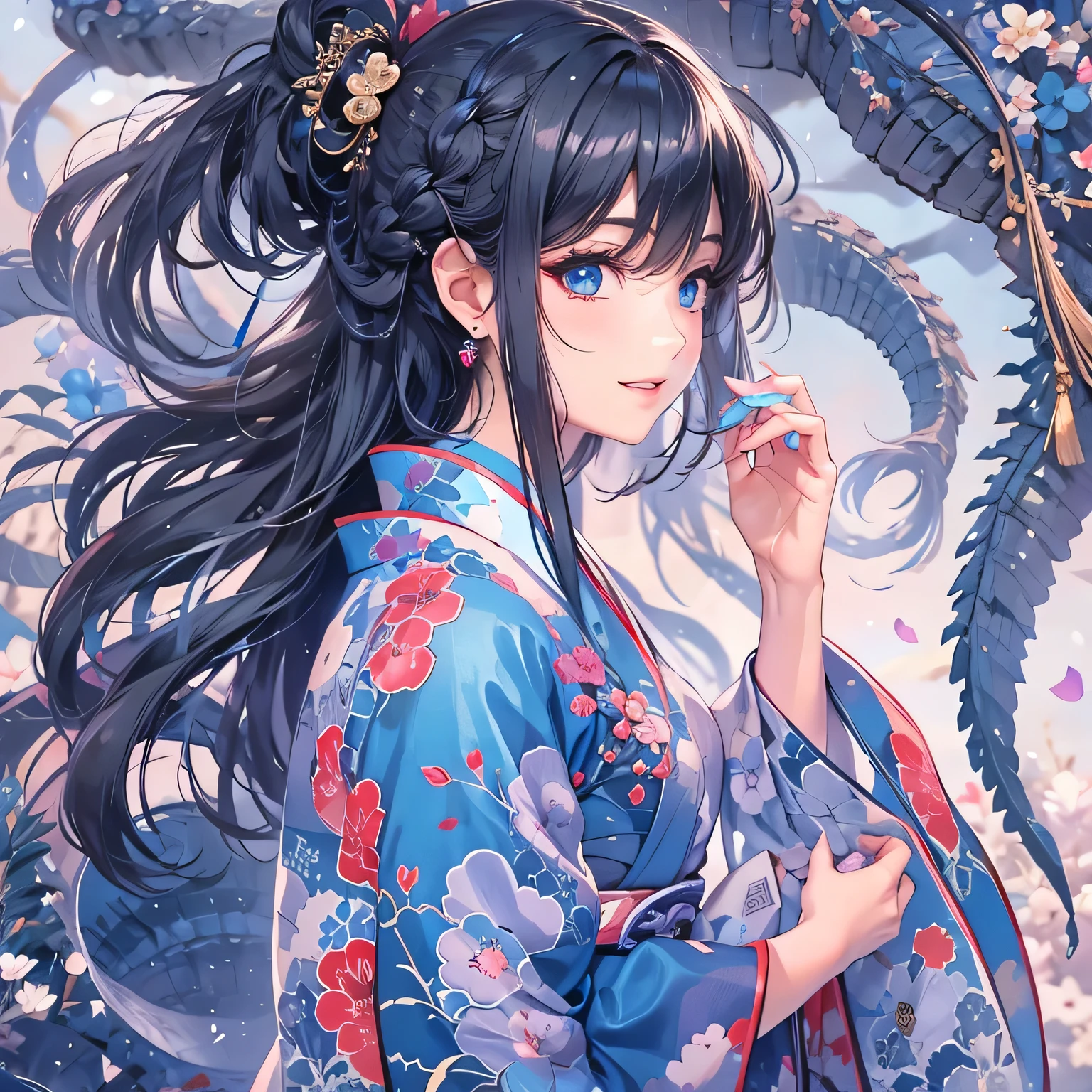 (masterpiece), highest quality, Expressive eyes, Beautiful manga Japanese woman with perfect face, MangaKawaiiAnime, Beautiful Japanese Kimono, The kimono is embroidered with dragons.... Black and blue clothing colors, Japanese women&#39;Long hair, Black hair color, Braided Hairstyles, single eyelid, Beautiful blue eyes ,Hooded Eyestyle, Sensual, Sank, Fascinating and mysterious., facial expression smile., Beautiful photo situation.