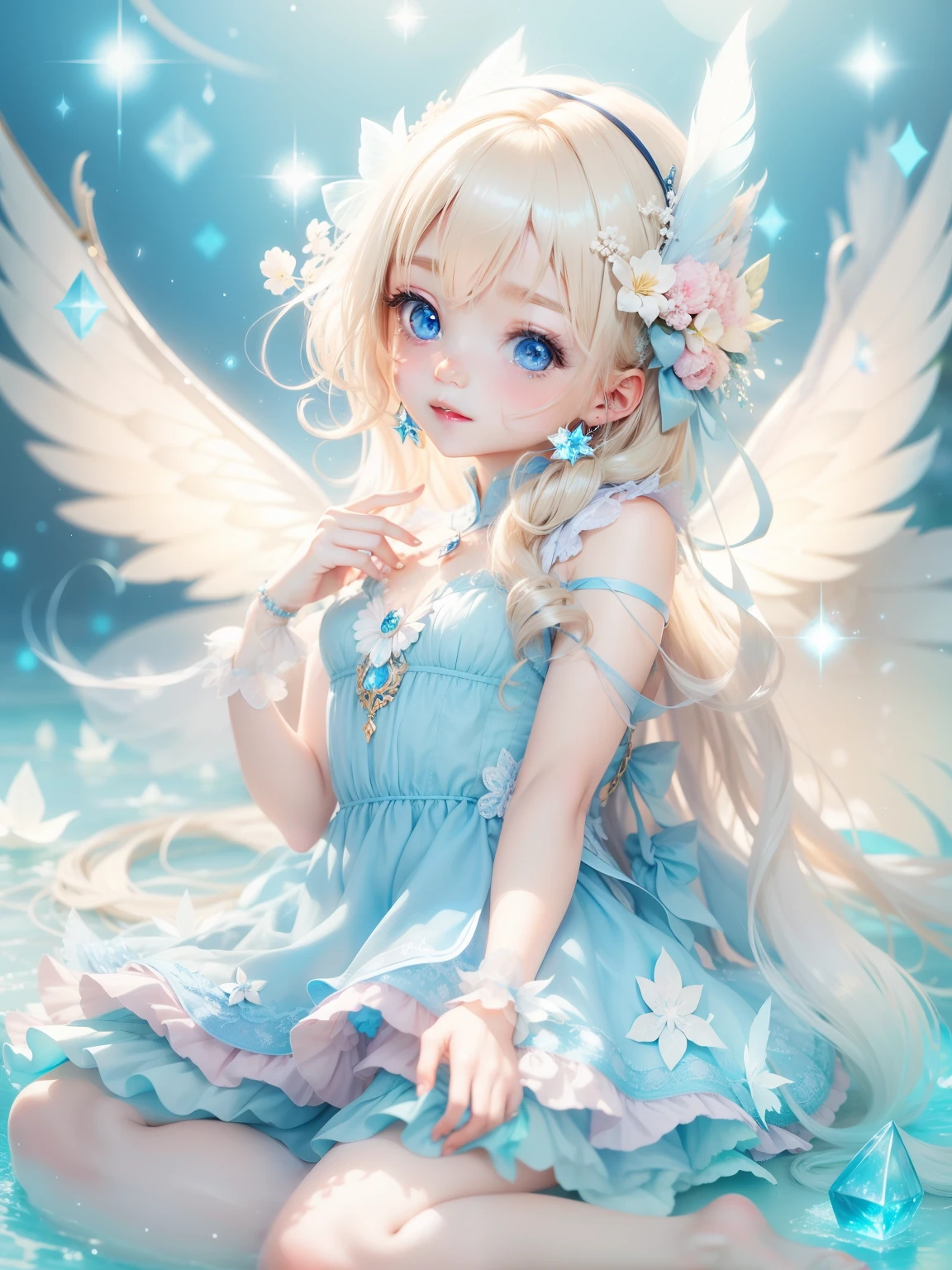 Blue Fairy、gentle、cute、Blonde、blue eyes、Crystal clear feathers、fluffy、Sparkling