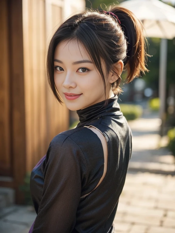 ((Best Quality)), ((Excellent)), (Details), Female ninja looking back, smiling, looking at camera, medium bob, ponytail