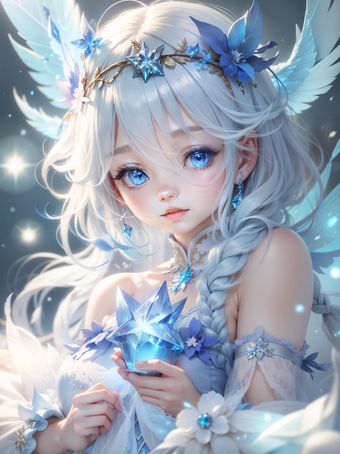 Blue Fairy、gentle、cute、Blonde、blue eyes、Crystal clear feathers、fluffy、Sparkling