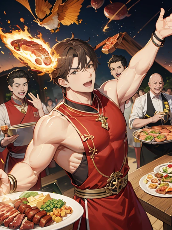 Arhat&#39;s Great Barbecue Competition, All are muscular々The men, Group selfie, Flying meat and alcohol, Burning Fire